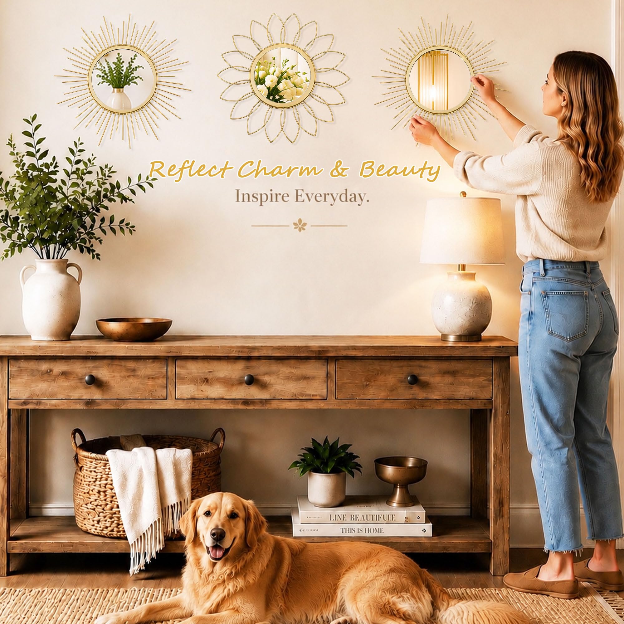 Uaussi - Juego de 3 Espejos Dorados para Pared de Metal Efecto Sol, decoración de Pared Colgante para Sala de Estar, Dormitorio, Entrada