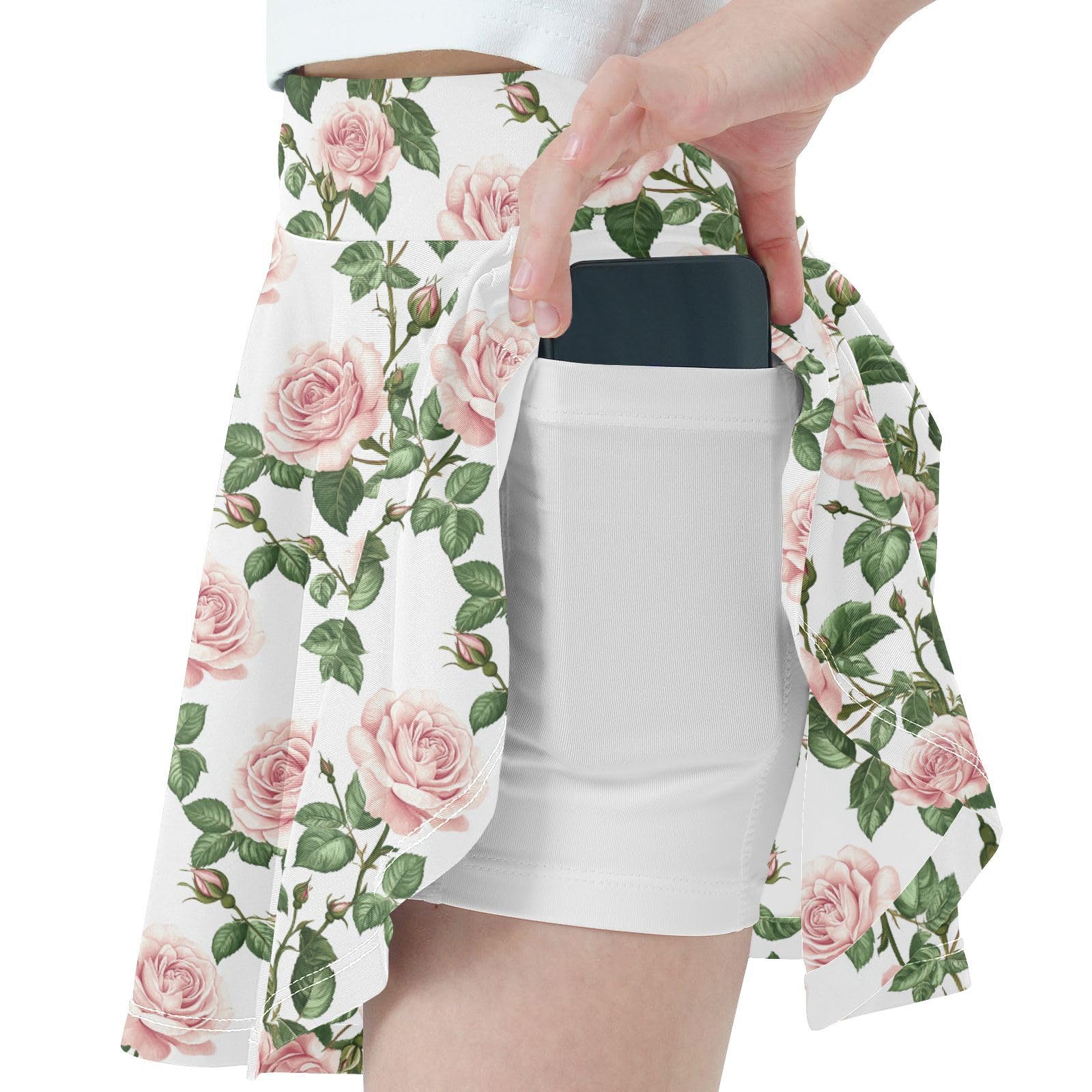 Roses Seamless Little Girls Tennis Skirt with Built in Shorts Little Girl Pleated Skirt with Pockets Flowy Skort for Little Girl