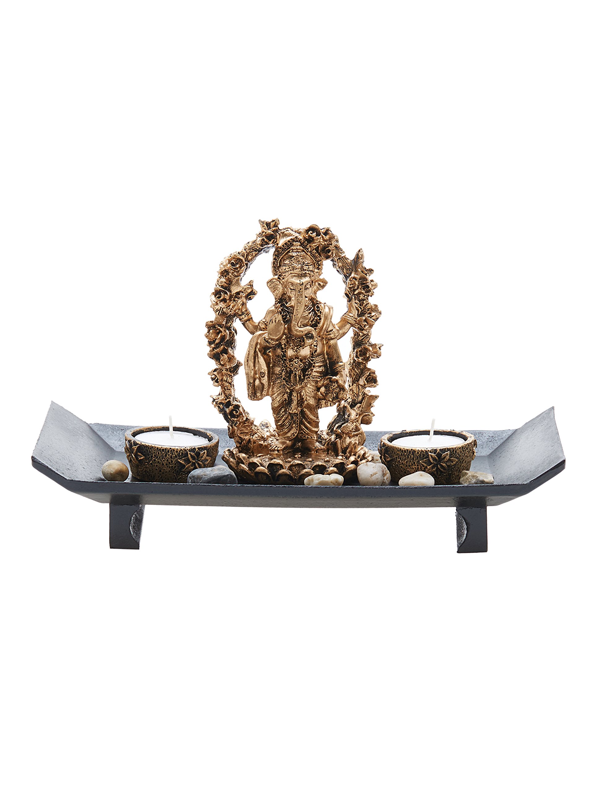 EZ Life Lord Ganesha Gift Set Tray with 2 Tea Lights- Resin - Gold - Decorative Gift Set - Showpiece for Table Decoration - House Warming Gifting - Home Décor