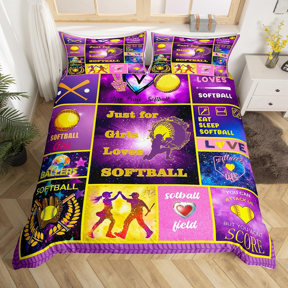 Homewish Funda de edredón de softball tamaño King, funda de edredón de retazos morados para niños, adolescentes y adultos, juego de ropa de cama deportiva de sóftbol para niñas y niños, juego de cama