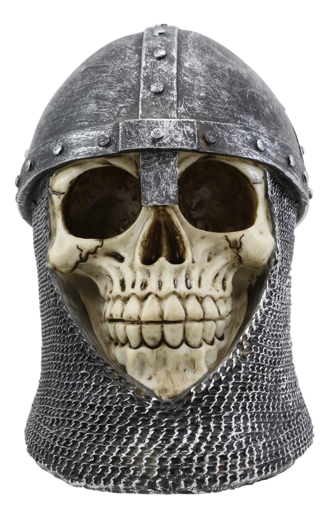 Ebros Medieval Knight Skull with Helmet and Head Coif Statue 6" Long As Renaissance Old World Age of Kings Macabre Decor Skeleton Cranium for Halloween Day of The Dead Gothic Figurine Sculpture