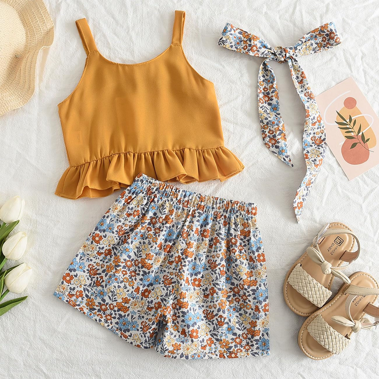 Conjunto de Ropa para Niñas con Top + Pantalones Cortos Florales + Tirantes Ajustables, Camisetas sin Mangas con Volantes, Pantalones con Estampado floral para 3 a 7 Años, Amarillo