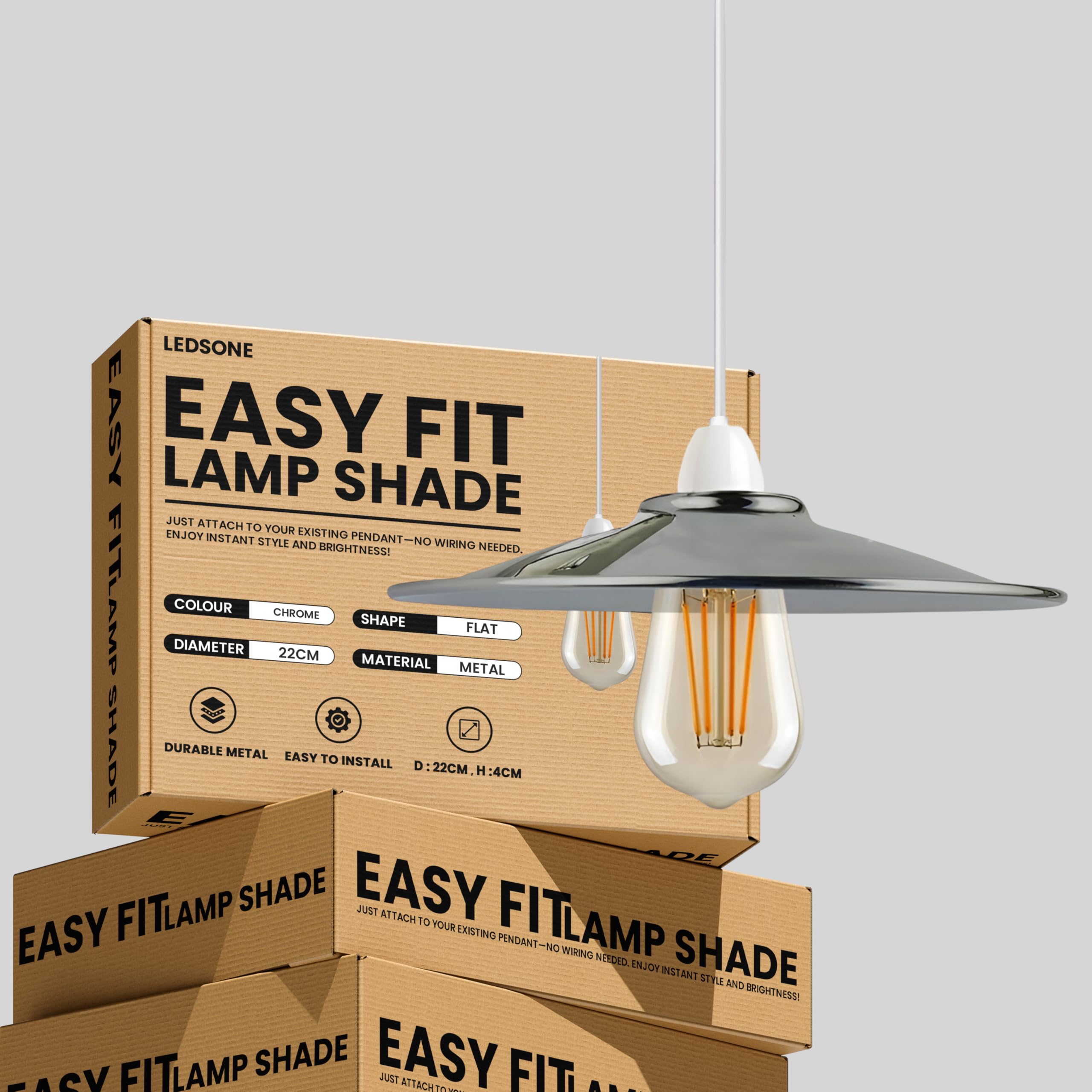 LEDSone Industrial Style Chrome Metal Ceiling Light Shade Easy Fit 22cm Flat Pendant Lighting Lamp Shade with Reducer Ring Childern Living Room Hallway Restaurant & Home Improvement