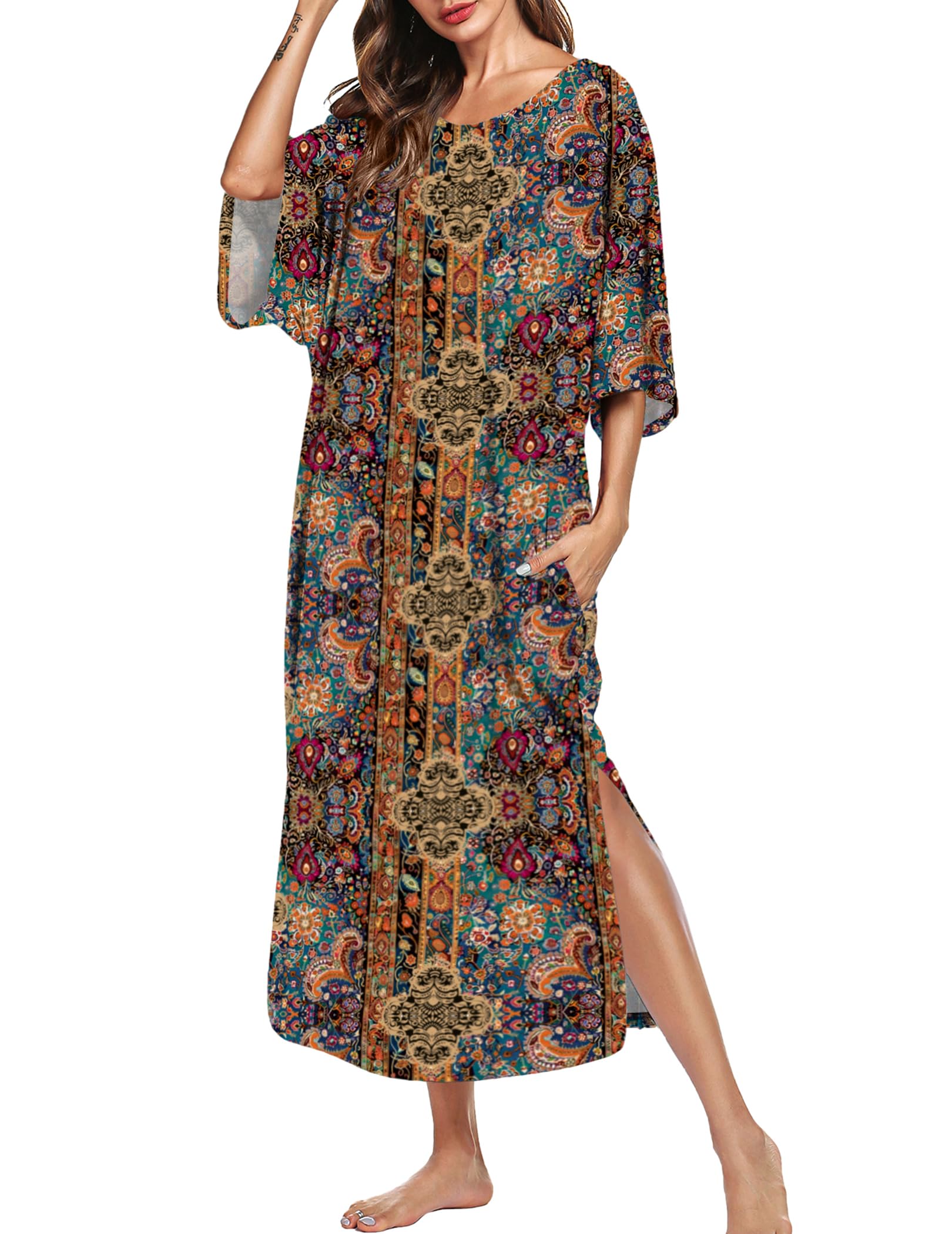 Ekouaer Long Nightgowns for Women Short Sleeve Night Gowns with Pockets | Casual Maxi Lounge Dress, Round Neck Sleep Dress, Plus Size House Dress, Side Split Sleepshirts for Lounging, Home, Party