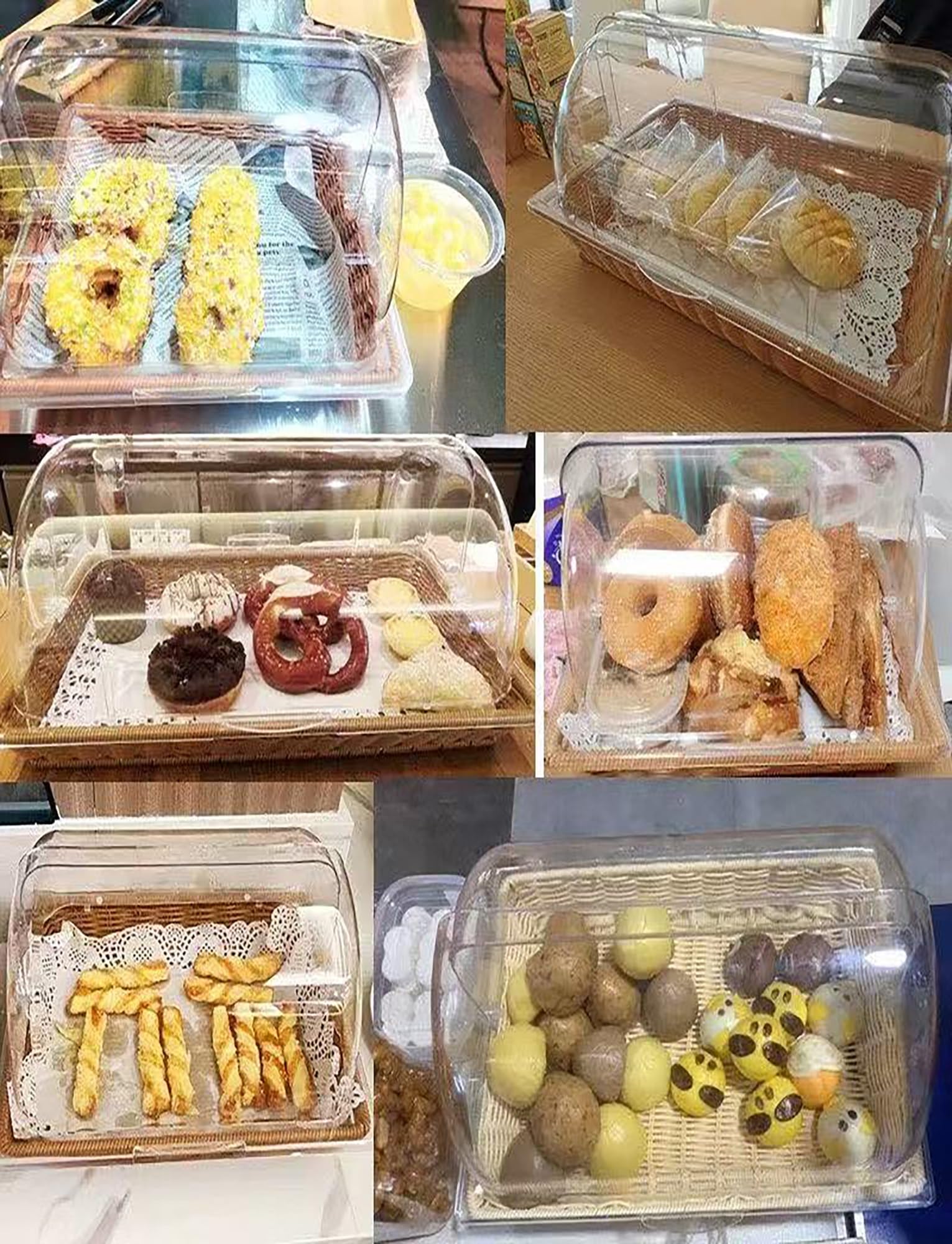 Expositor de repostería con cubiertas higiénicas, diseño de 3 niveles y cestas de ratán sintético para cafeterías, bufés y servicios de desayuno