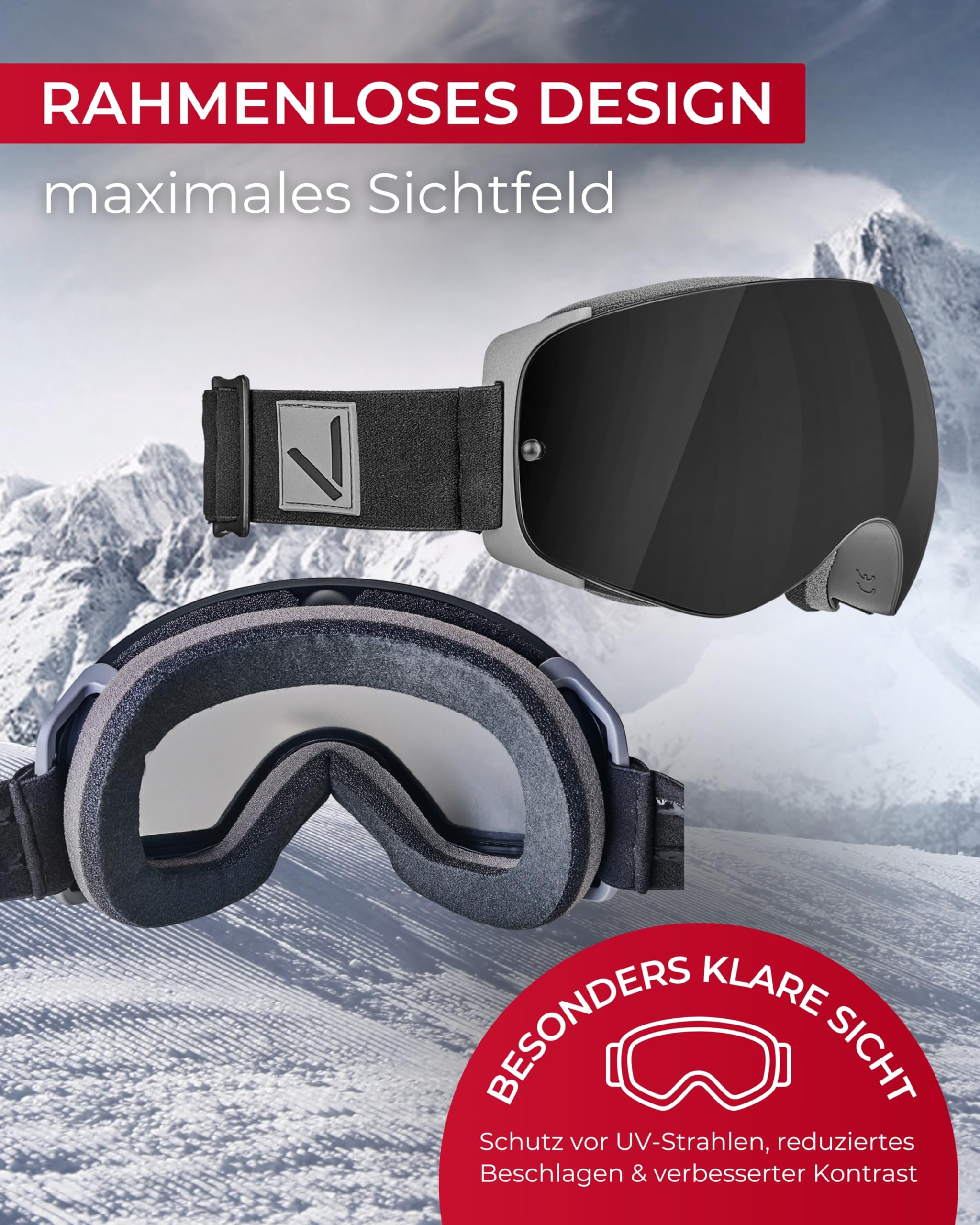 Black Crevice Skibrille I Unisex Skibrille mit rahmenlosen Design I Herren & Damen Skibrille mit UV 400-Schutz I Snowboardbrille mit sphärischen Gläsern I Verspiegelte Schneebrille