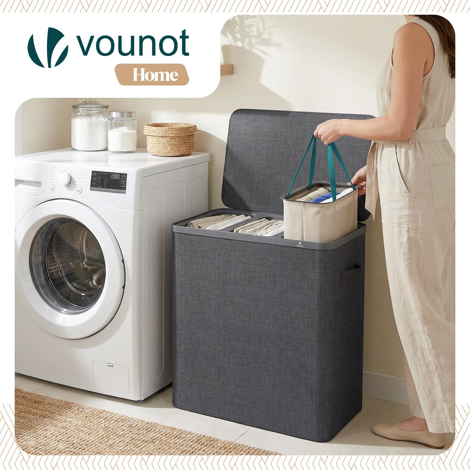 VOUNOT® Cesto Portabiancheria 170L Rettangolare a 3 Scomparti con Coperchio, Cesto Biancheria Grande Capacità con 3 Sacchi Rimovibili Autoportante e Manici, per Bagno, Camera e Lavanderia, Antracite - 5