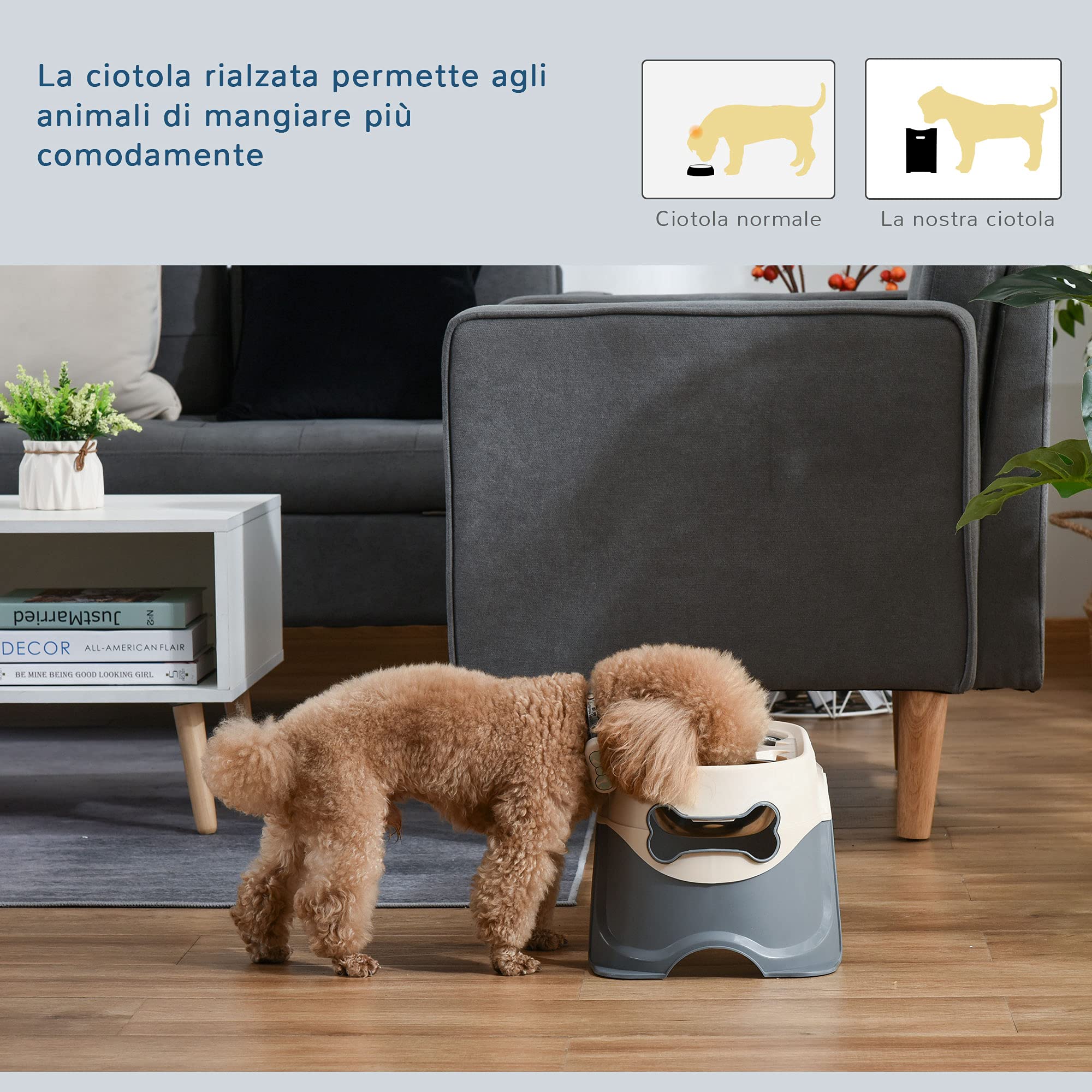 PawHut Doppia Ciotola per Cani Rialzata in Acciaio Inox e Plastica con Piedini Antiscivolo, 47x25x20cm, Bianco e Grigio