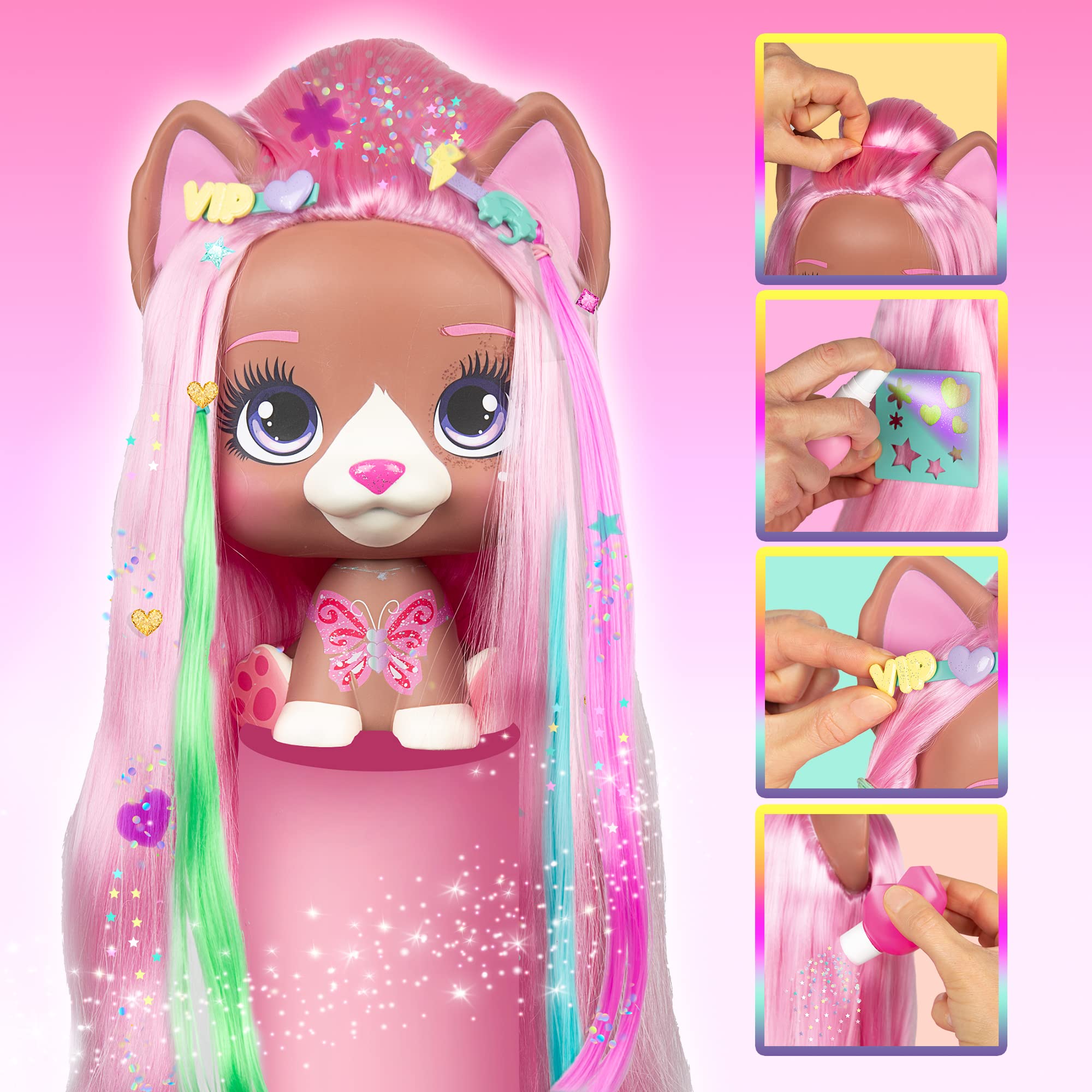 VIP Pets Styling Head Nyla mit extra Langen, seidigen Haaren; leicht zu kämmen und stylen; mit +30 Accessoires für den Color Boost Look; ab 3 Jahren geeignet.