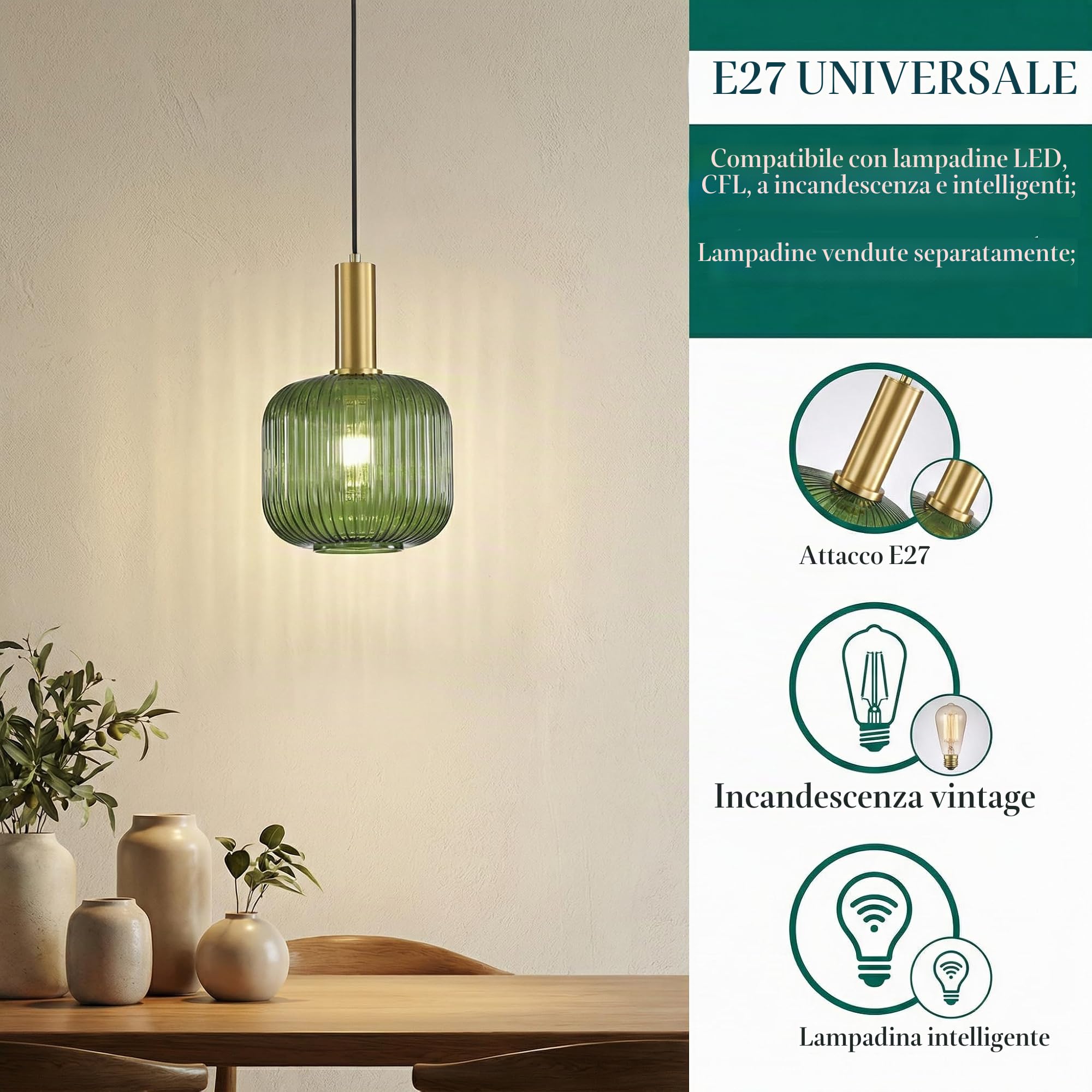 Lampadario a sospensione industriale vintage in vetro a coste, lampada da soffitto moderna in ottone lucidato retrò per cucina salone camera da letto (Verde, 20cm)