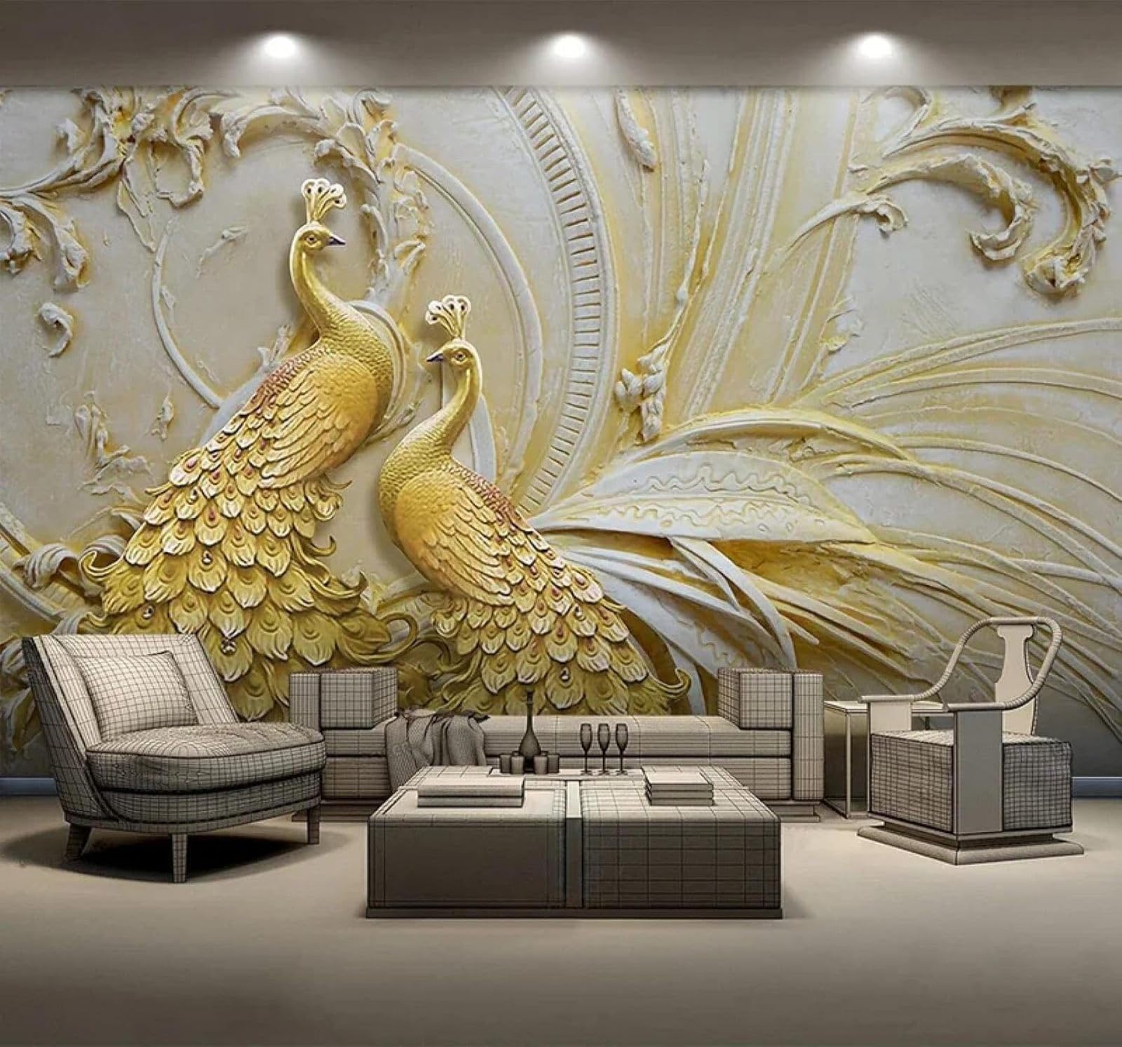 XLMING Three Dimensional Relief Golden Peacock Art Unique 3D Wallpaper Luxury Home Dining Decor Paste Sofa Living Room The Wall for Bedroom Mural-430cm×300cm