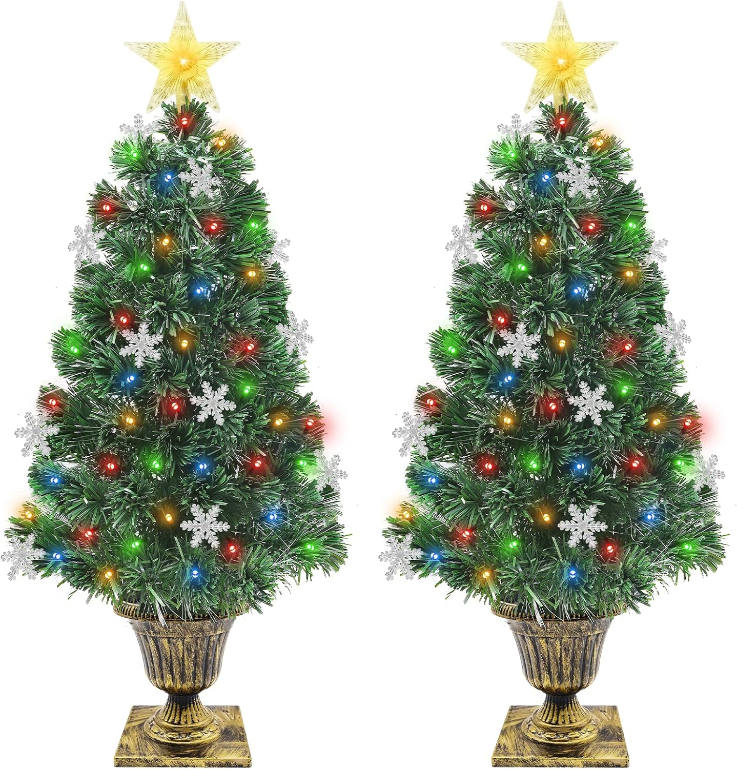 2 Pack 3 Ft Prelit Artificial Potted Christmas Tree with Mixed RGB Color Light & Optical Fiber Light, Snowflakes & Top Star, Mini Small Xmas Tree, Outdoor Front Door Porch Indoor Home Decorations