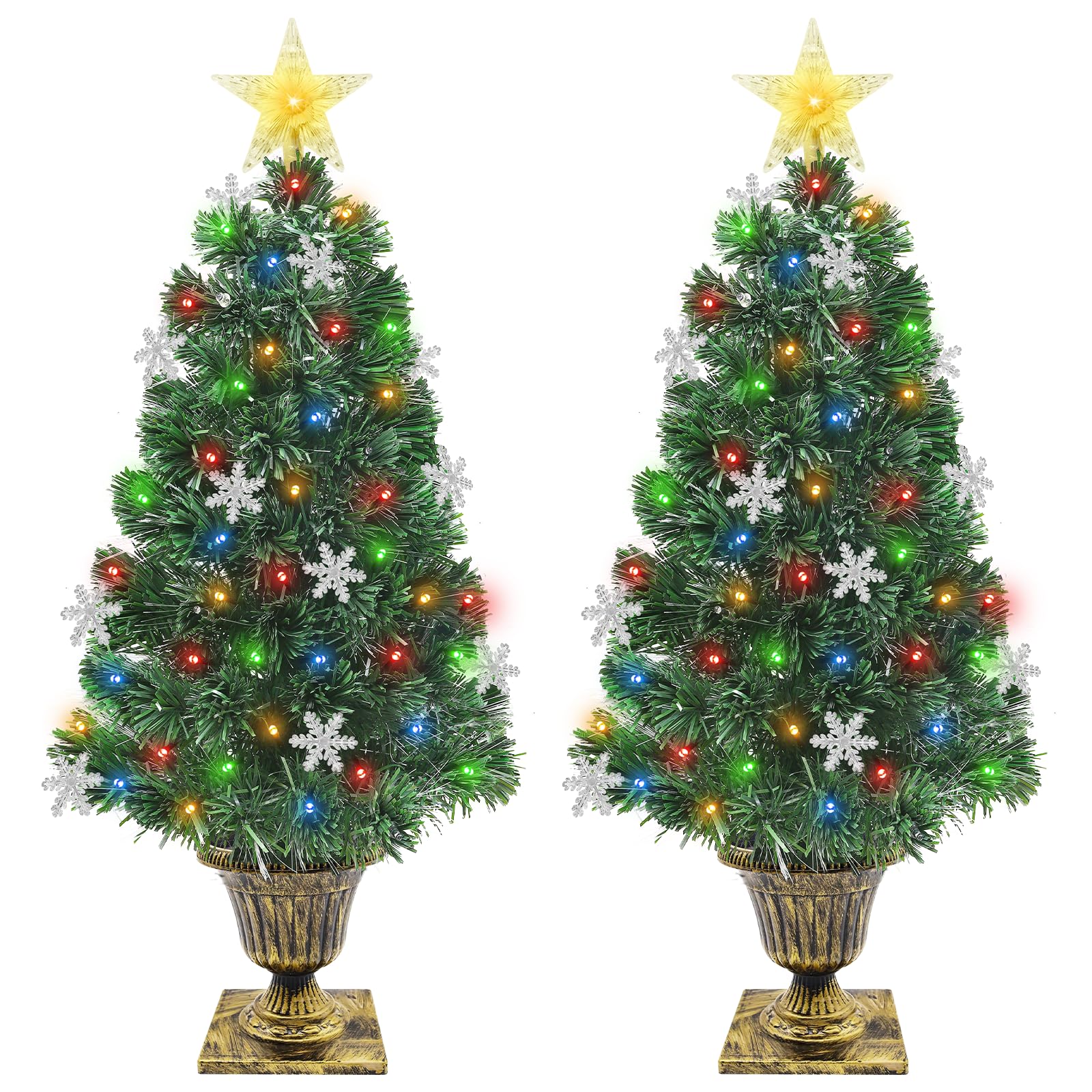 2 Pack 3 Ft Prelit Artificial Potted Christmas Tree with Mixed RGB Color Light & Optical Fiber Light, Snowflakes & Top Star, Mini Small Xmas Tree, Outdoor Front Door Porch Indoor Home Decorations
