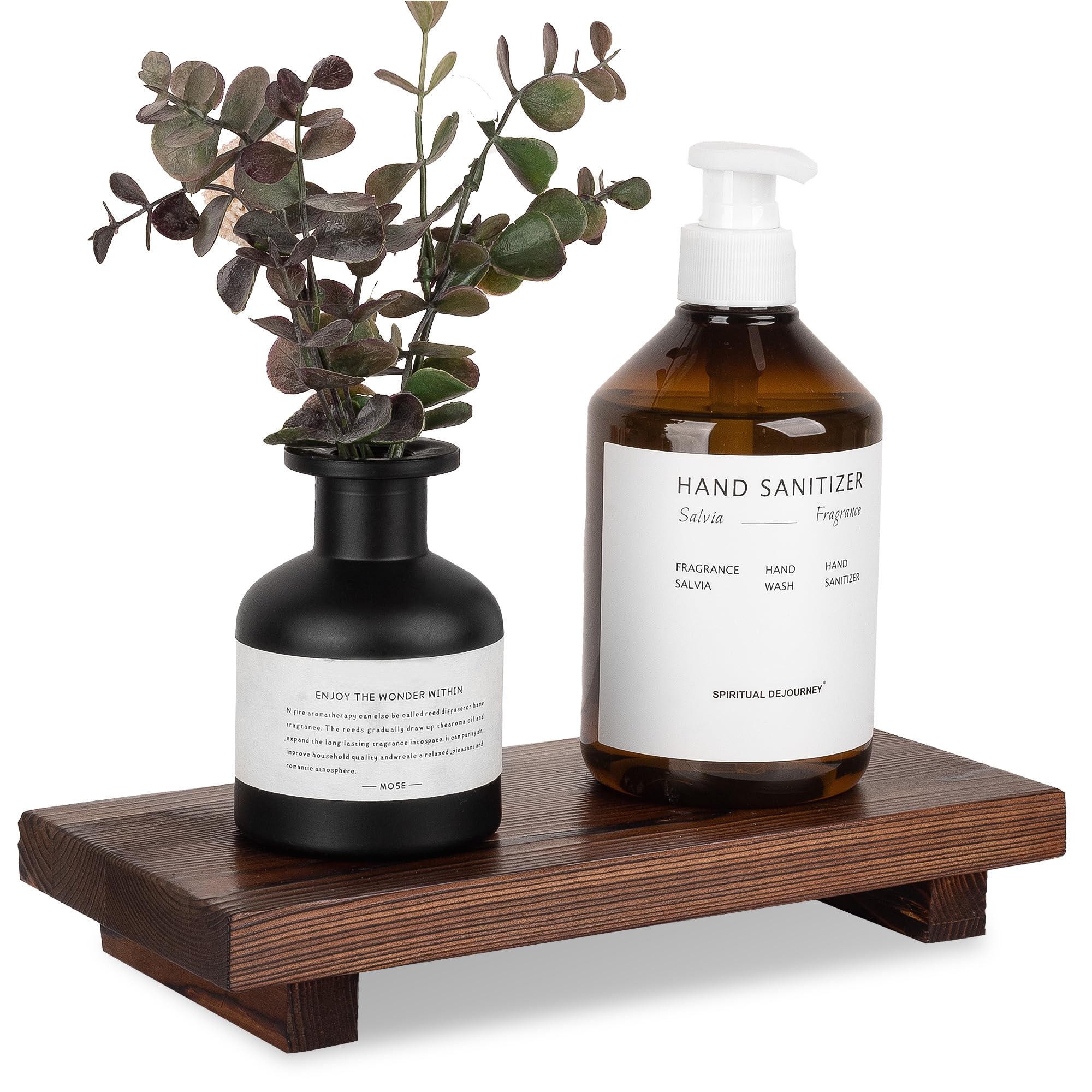 Bathroom Counter Organizer Wood Pedestal Stand Farmhouse Decorative Tray Soap Holder for Kitchen Decor, Large 10" x 4.5" - Drak Brown