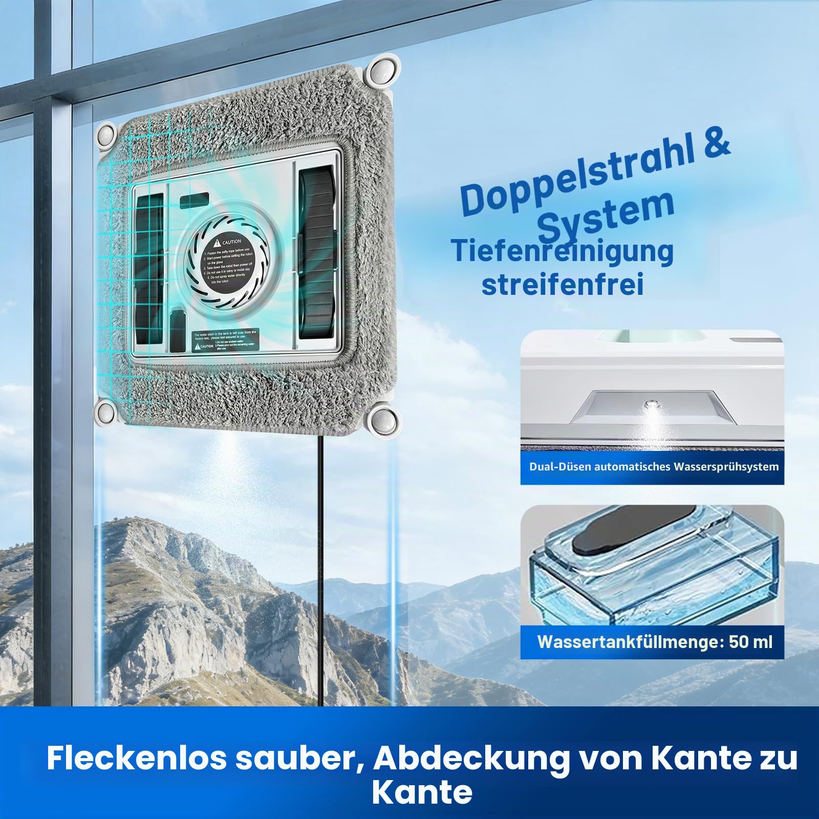 Fensterputzroboter, Quadratischer Roboter Fensterreiniger Roboter mit bürstenlosem Motor, ultradünner Dual-Wasserstrahl, intelligenter Reiniger mit 650mAh USV-Akku, APP/Fernbedienung für Glas