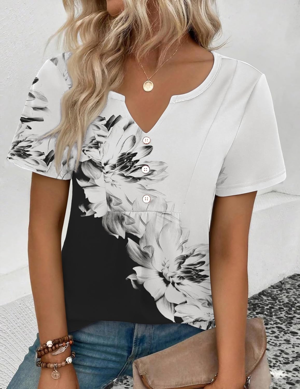 Zeagoo Womens Short Sleeve Tops Summer Henley V-Neck Tshirts Casual Pleated Blouse Dressy Loose Floral Basic Tee - Image 3