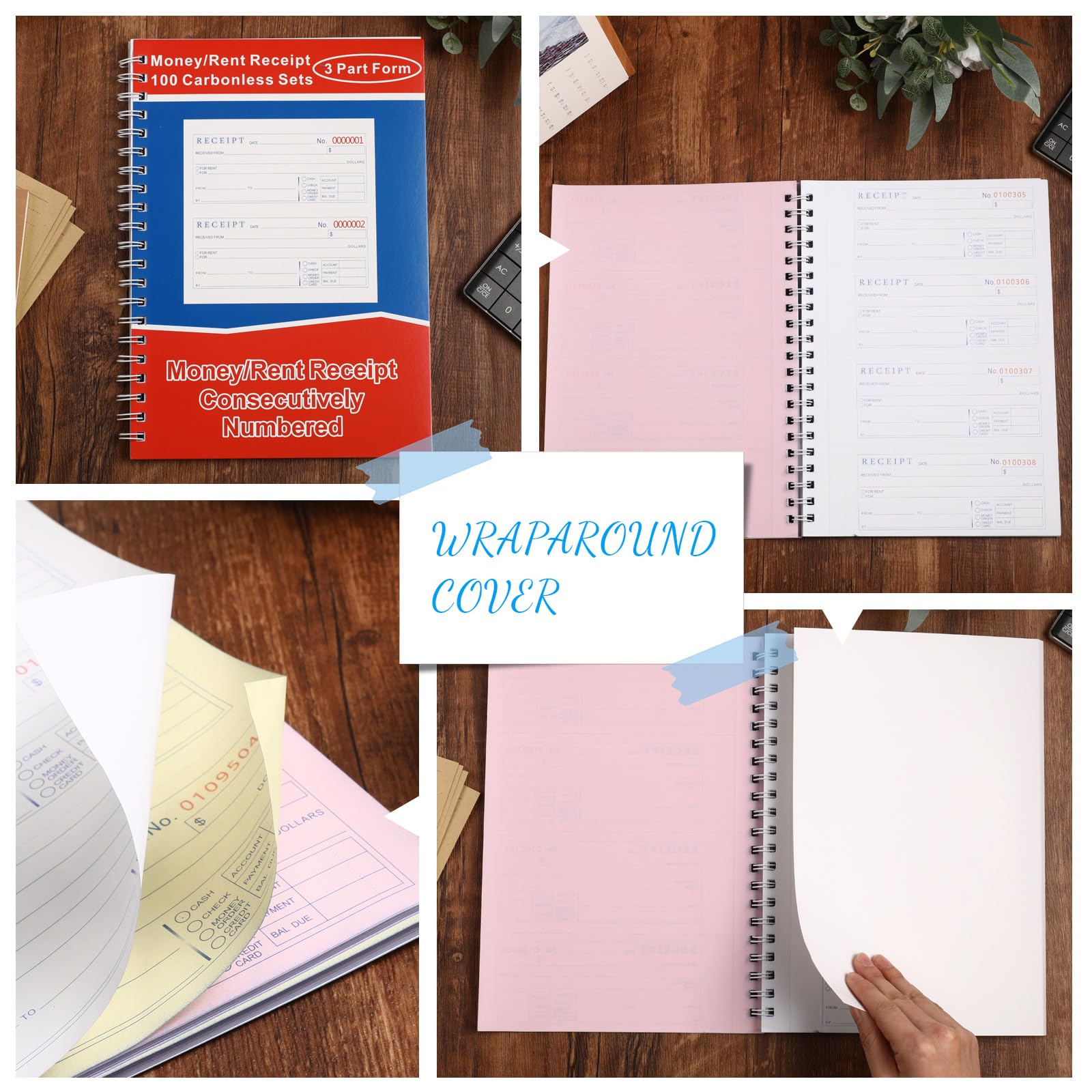 Crtiin 10 Bücher Geld und Miete Quittungsbuch 3-teiliges kohlenstofffreies Quittungsbuch Spiralbindung Quittungsbuch mit selbstdurchschreibenden Kopien 100 Sets pro Buch 4 Quittungen pro Seite (19,1 x
