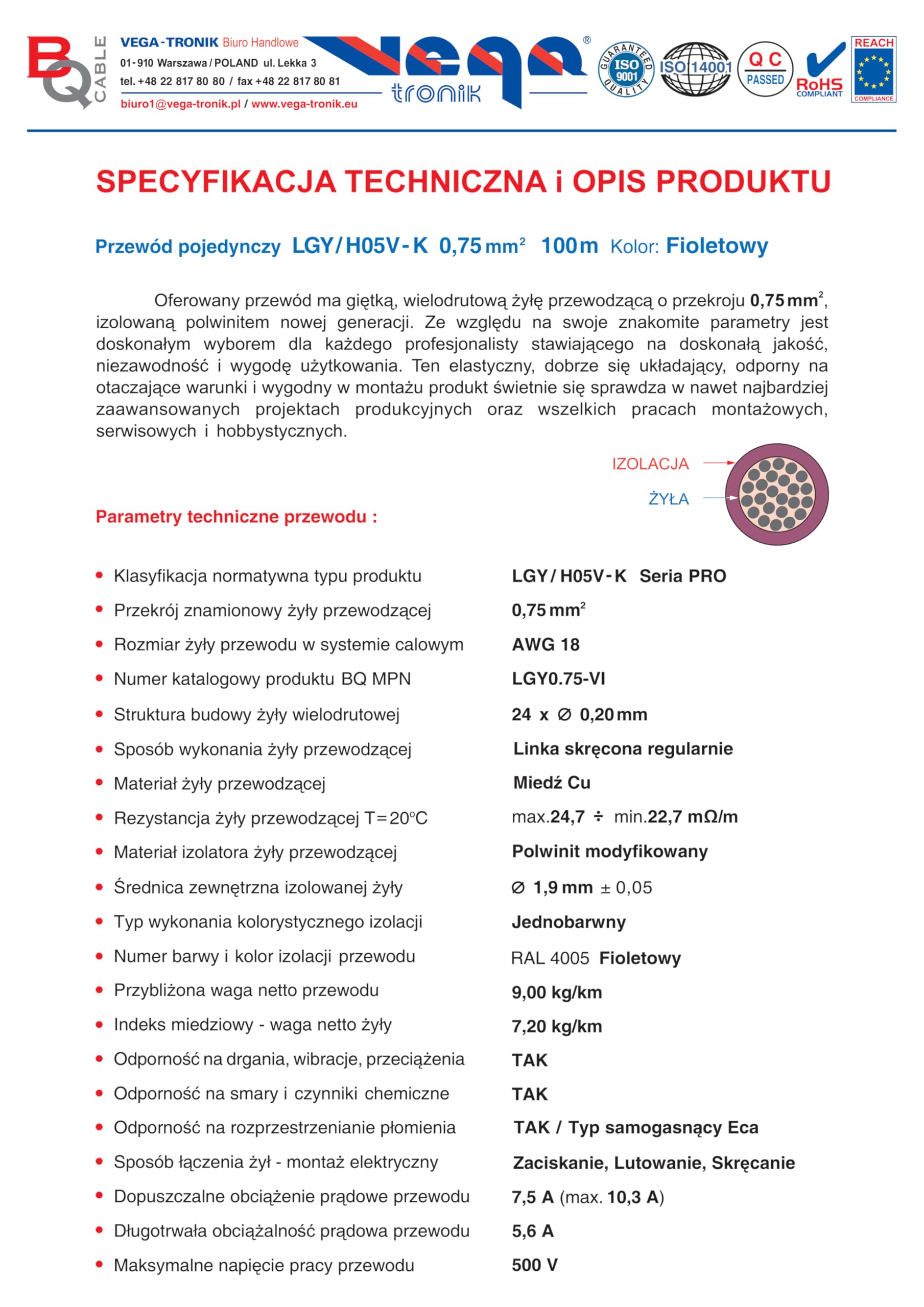 Przewód pojedynczy LGY/ H05V- K 0,75 mm2 100 m Kolor: fioletowy