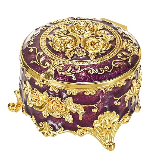 Hipiwe Vintage Jewelry Box Small Trinket Storage Organizer Box Gold Metal Chest Ring Case Treasure Chest Round Keepsake Boxes for Earrings Necklace Gift for Women,Purple