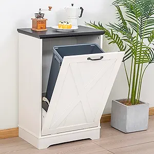 13 Gallons Tilt Out Trash Cabinet, Hidden Trash Can Cabinet Wooden Tilt Out Pet Proof Hidden Trash Bin Cabinet for Kitchen (Antique White)