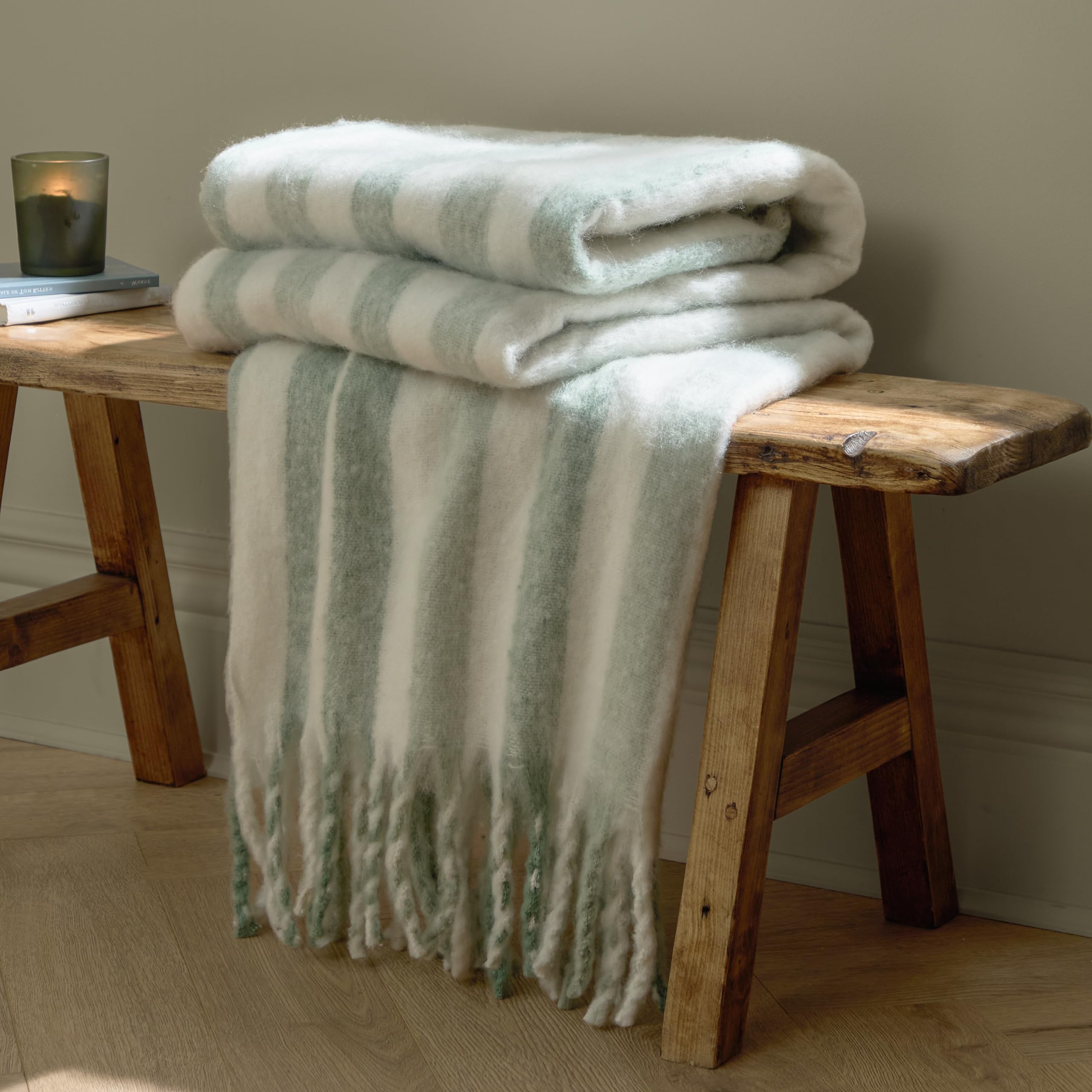 furn. Wylder Beechwood Throw – Soft Fringe Woven Stripe Cotton Blanket (Moorland Green – 140x180cm)