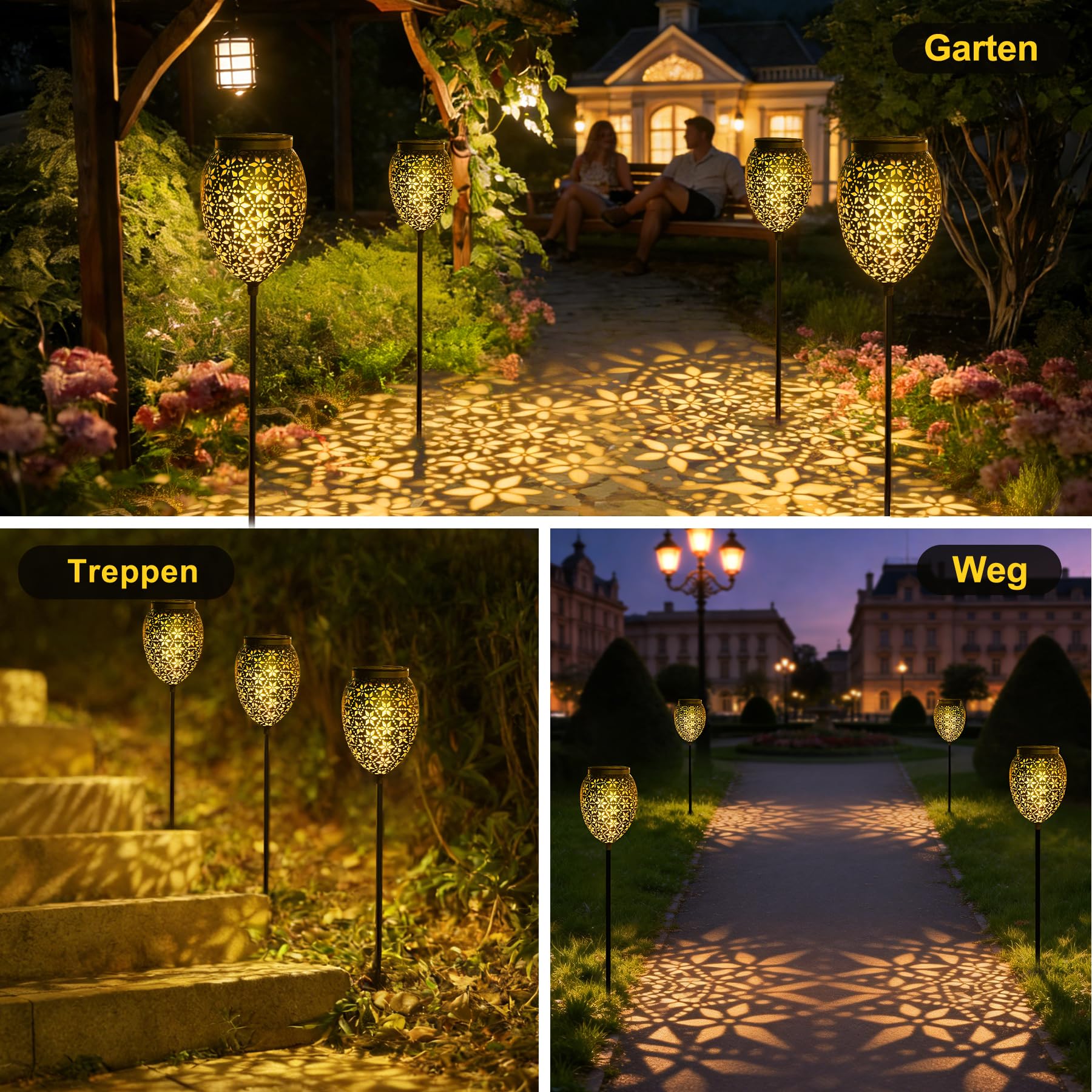 Garten Solarleuchten für Außen Metall 6 Stück, LED Solarlampen für Außen Garten IP65 Wetterfest, Höhenverstellbar Solar Gartenleuchten für Außen Vintage für Weihnachten Weg Terassen Balkon Deko