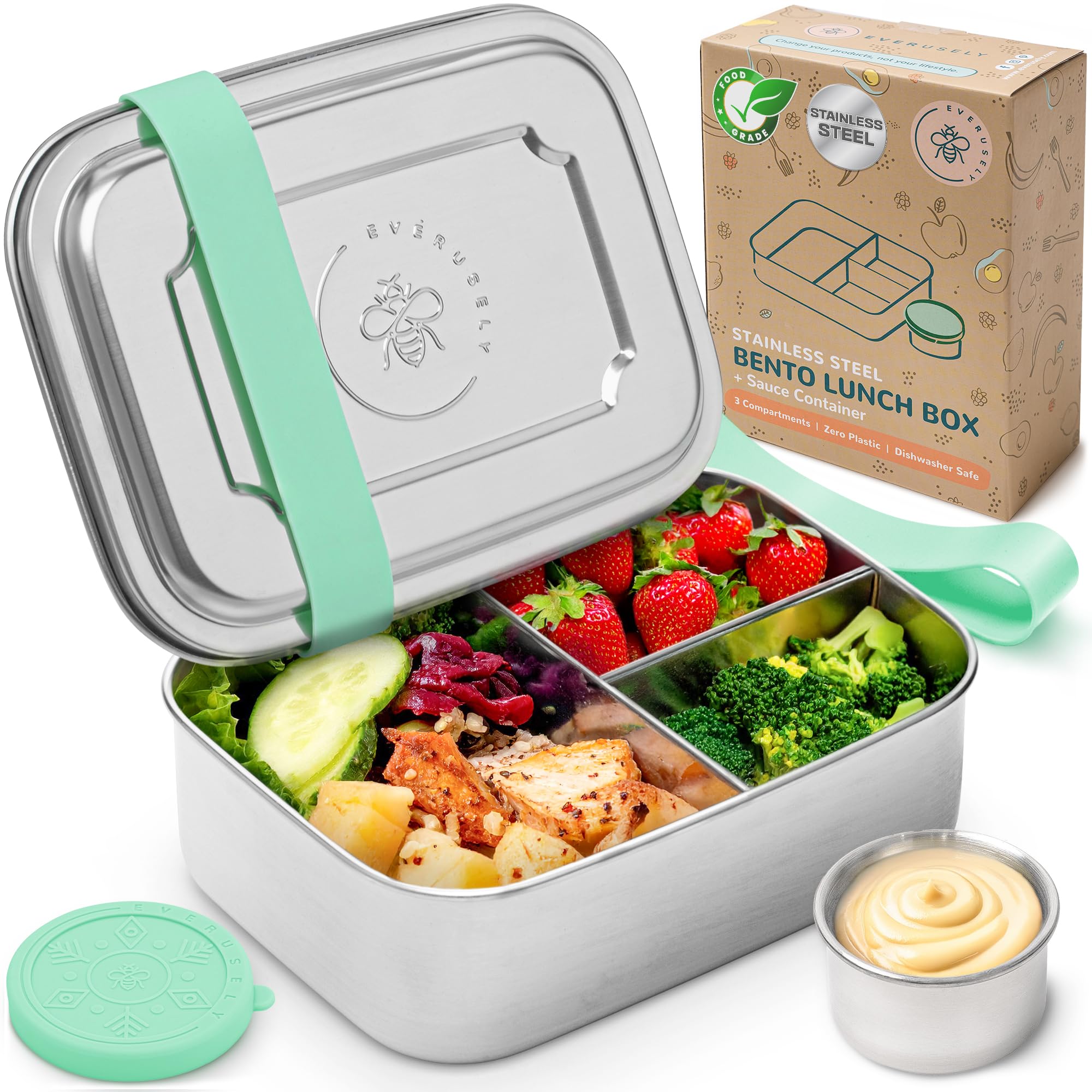 Everusely - Bento Box - Green, 37oz / 1.1 L - Stainless Steel Lunch Box with Leakproof Condiment Container - 3 Compartment Snack Container Office Meals - Freezer & Dishwasher Safe