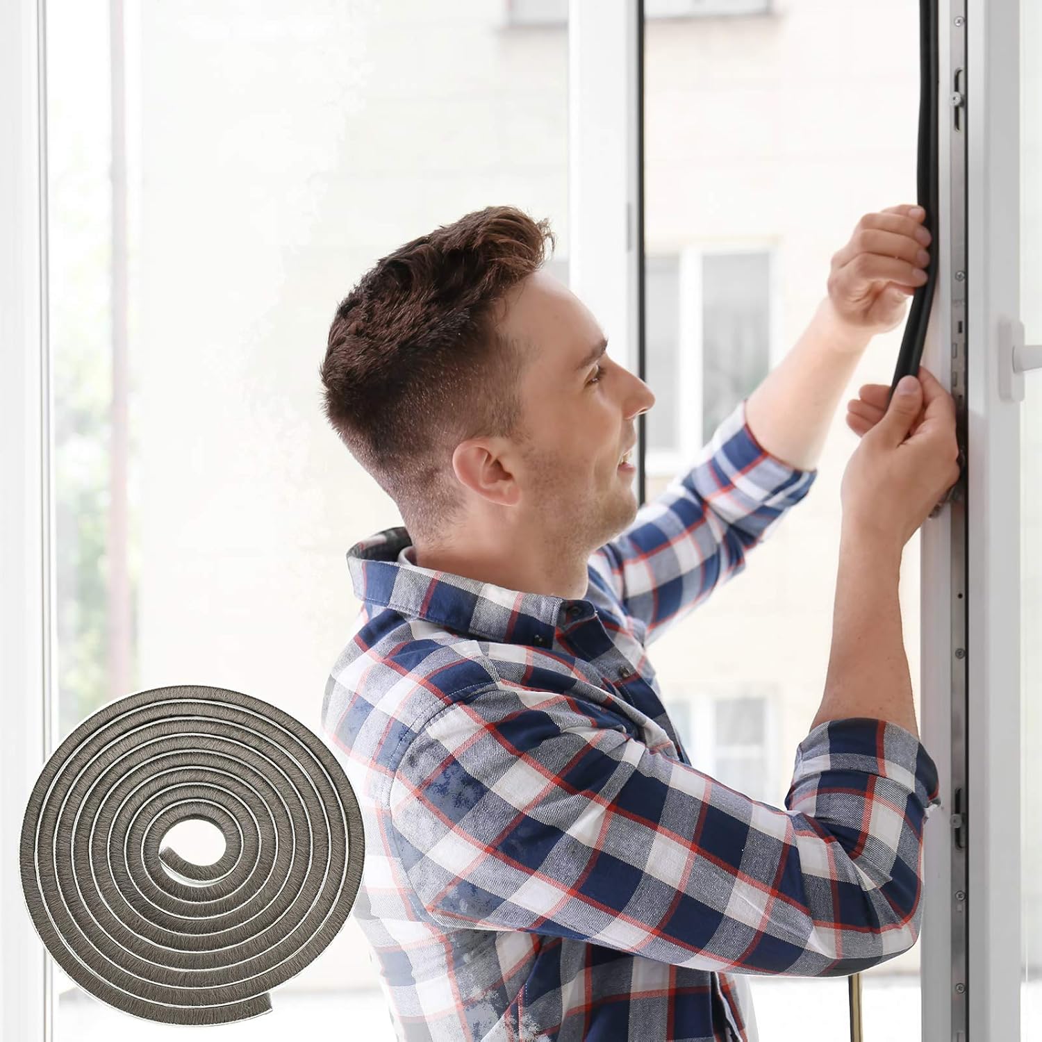 Jetec 1 Pcs Self Adhesive Brush Weather Stripping 19.75 ft Per Strip 3/8 x 3/8 Inch Grey Fuzzy Pile Felt Door Weather Seal for Sliding Windows Frames Seal Winter Strip for Soundproofing Dustproof DIY
