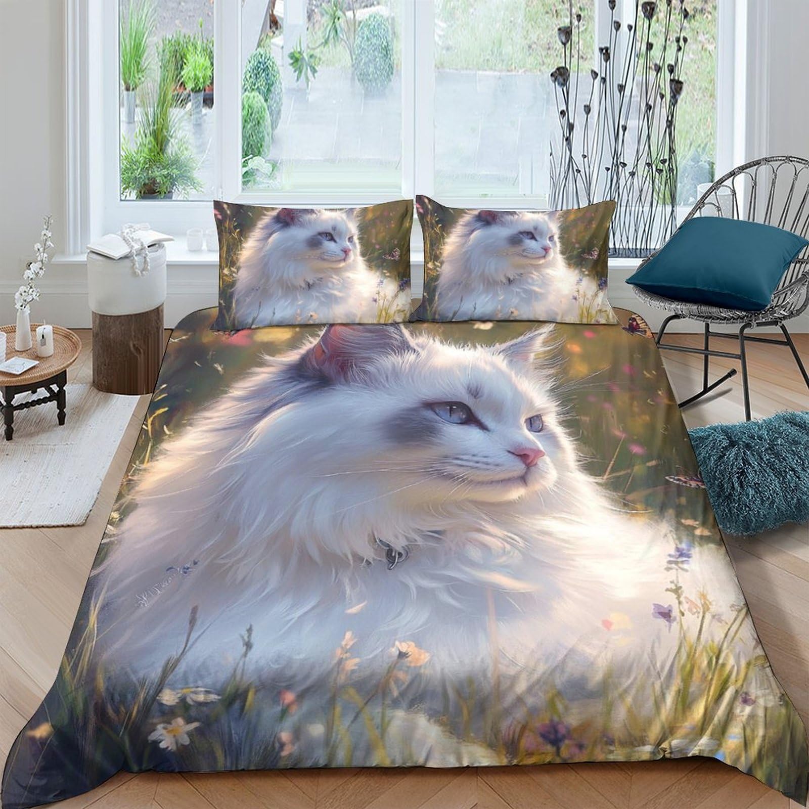 Ctjqhvkz Style-7 3D Printed Fluffy White Cat Fitted Sheet Microfiber Soft Breathable Meadow Bed Cover For Bedroom Guest Room Decor Single（135X200cm）