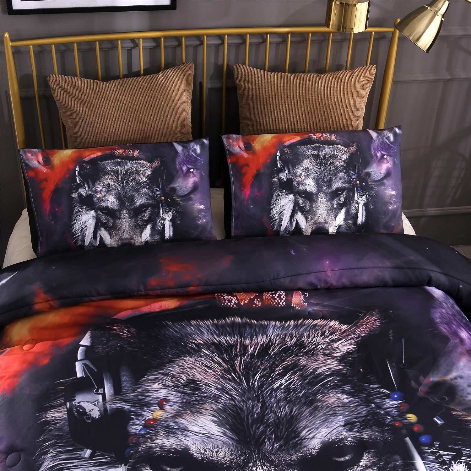 A Nice Night Multicolor Galaxy Feral Wolf Printed,for Boys and Girls Quilt Comforter Sets with Pillowcases Child Bedding Sets (Multi-A, Queen)