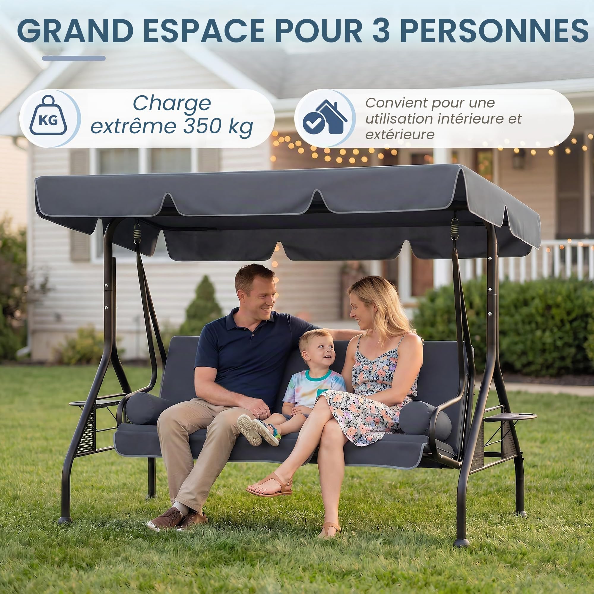 UISEBRT Balancelle de jardin 3 places avec fonction inclinable, 2 coussins, 2 plateaux, banc pour extérieur, supporte jusqu'à 350 kg, pour jardin, piscine, terrasse, anthracite