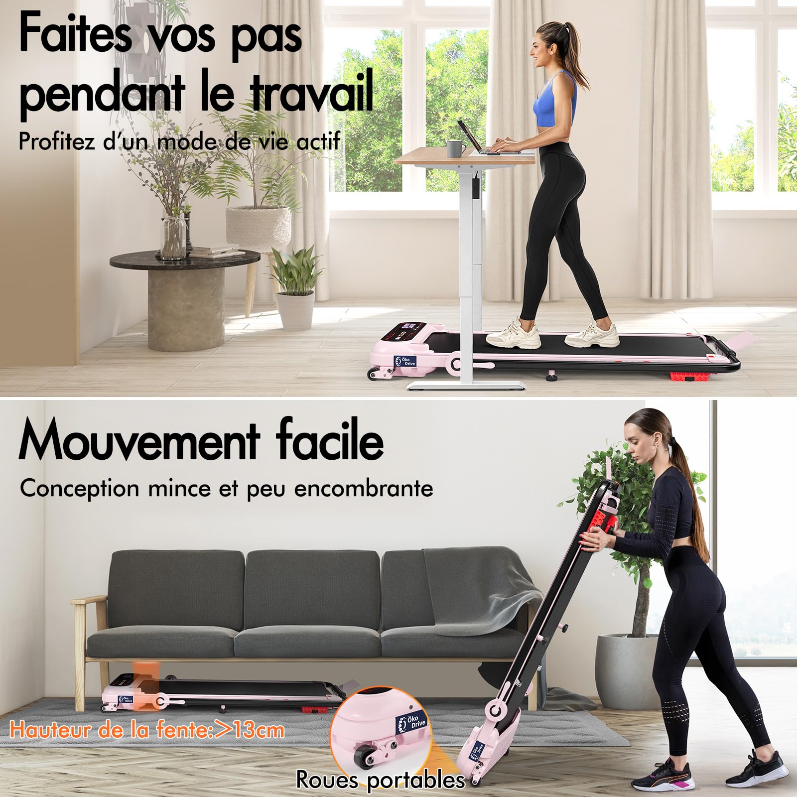 BLACK LORD Tapis de Course, Tapis de Marche Bureau, Moteur Silencieux 3.0HP, 130kg capacité, Suivi Bluetooth, 3 Niveaux Inclinaison, Tapis antidérapant,avec poignée,Rose
