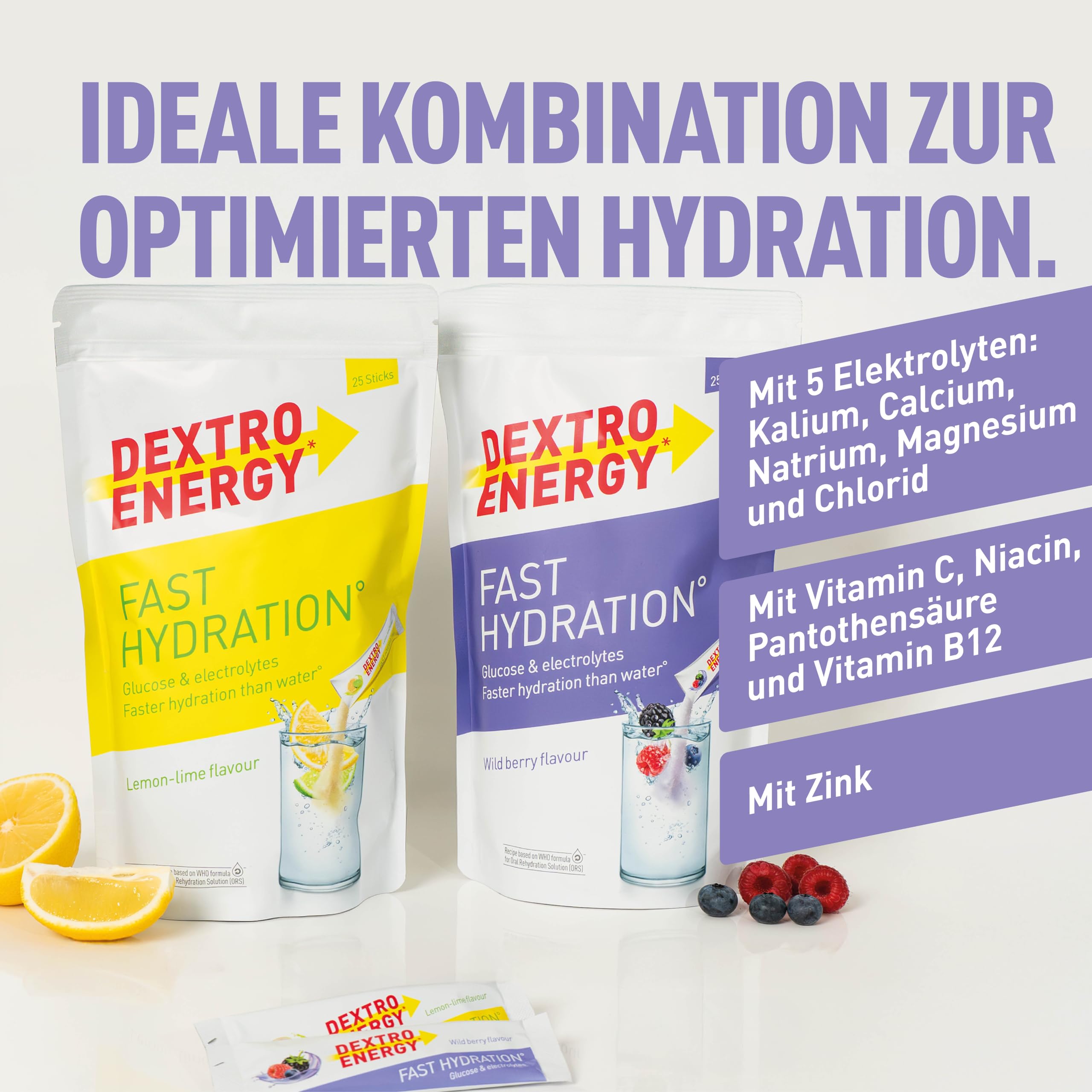 Dextro Energy Fast Hydration Wildberry - 25 Sticks - Elektrolyte Pulver Sticks mit Zink Zusatz zur optimalen Hydration für Sport und Recovery