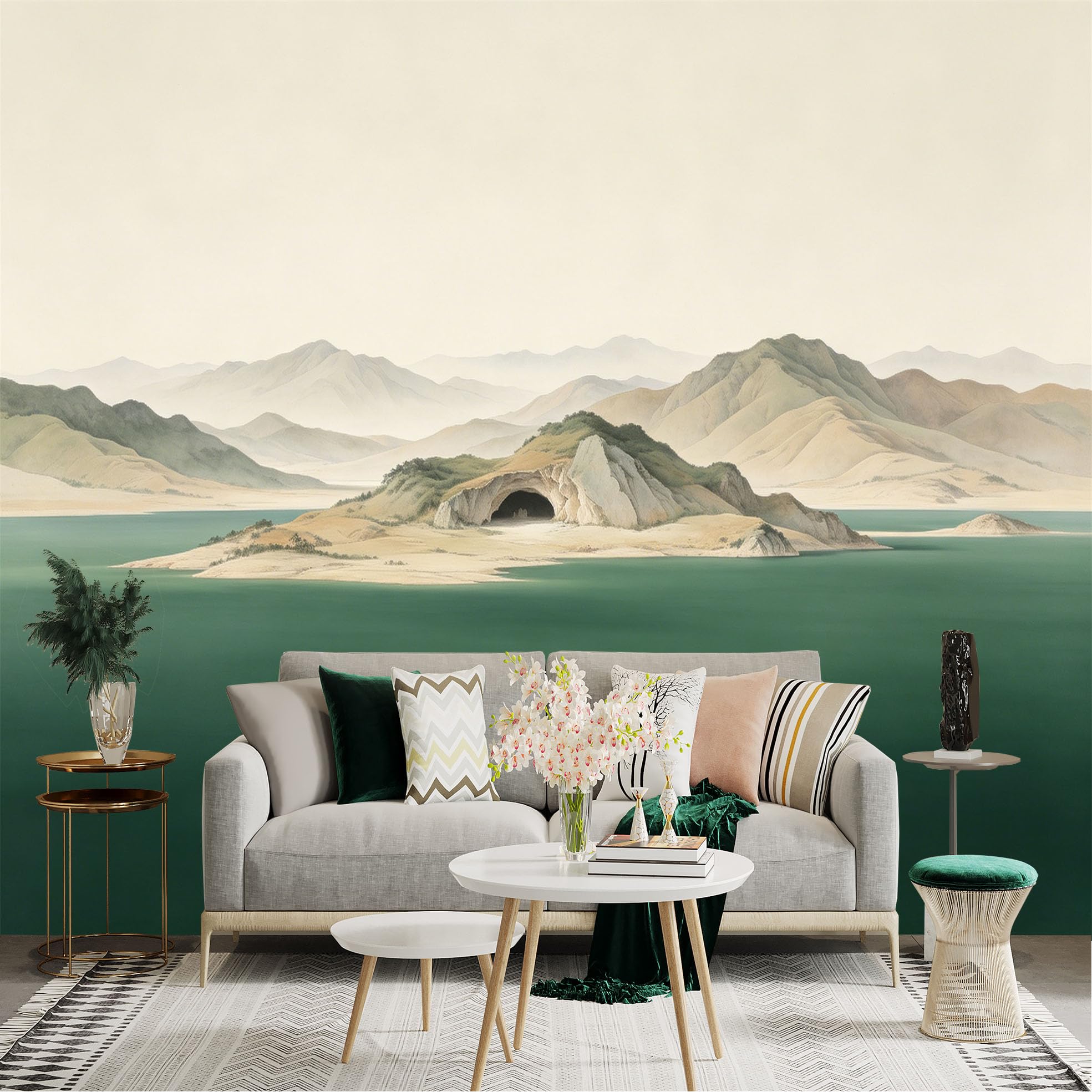 Lnzczhyre Dbh260521671 Custom Size Wall Sticker Mural， Serene Lake With Hidden Island Cave， Misty Rolling Hills， Minimalist Landscape， For Wall Decoration， Peelandstick Wall Decals.