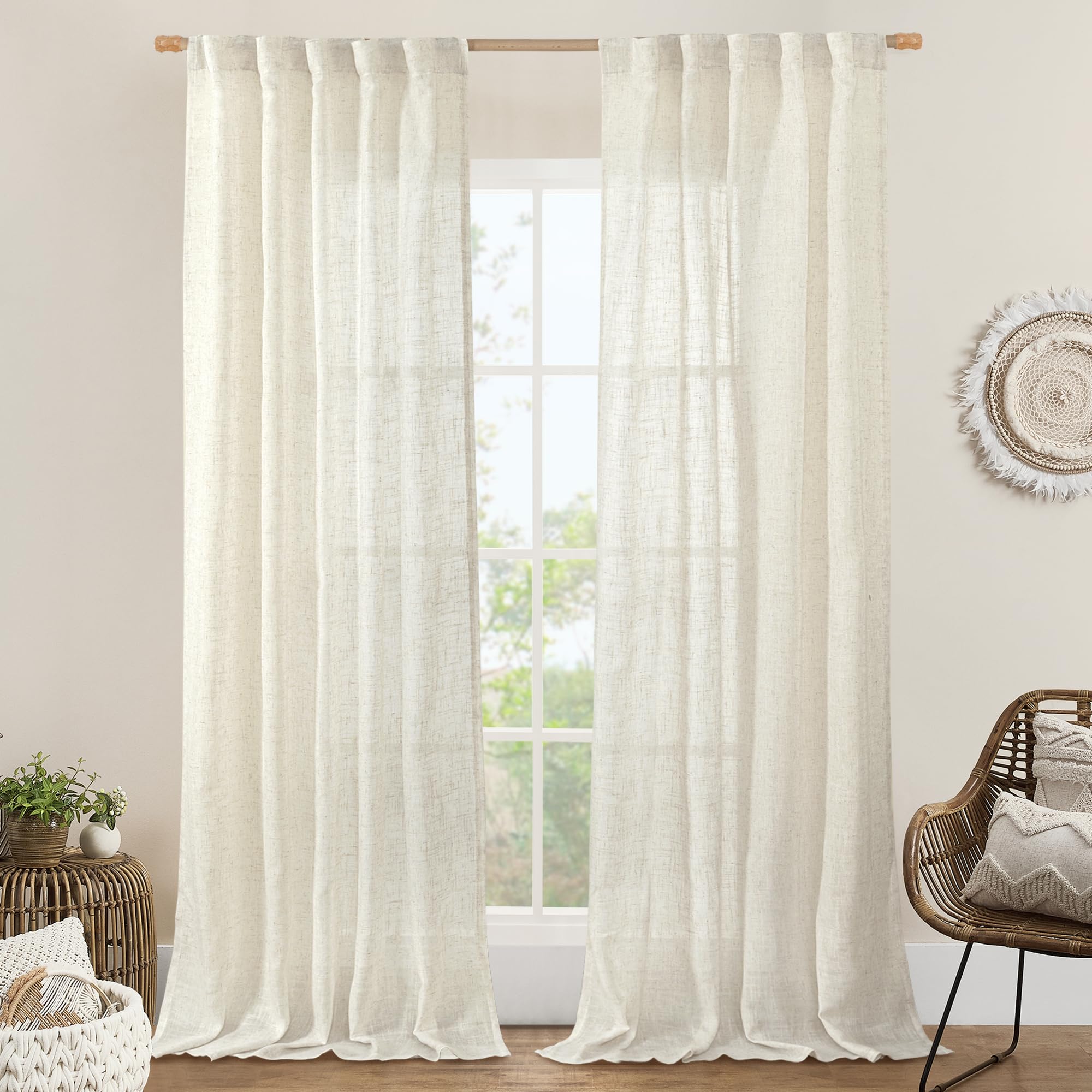 LAMIT Light Filtering Linen Curtains 84 inches Long for Bedroom, Cream Ivory Linen Textured Semi Sheer Back Tab and Rod Pocket Natural Boho Drapes for Living Room, 2 Panels, 42 x 84 Inch — image 1