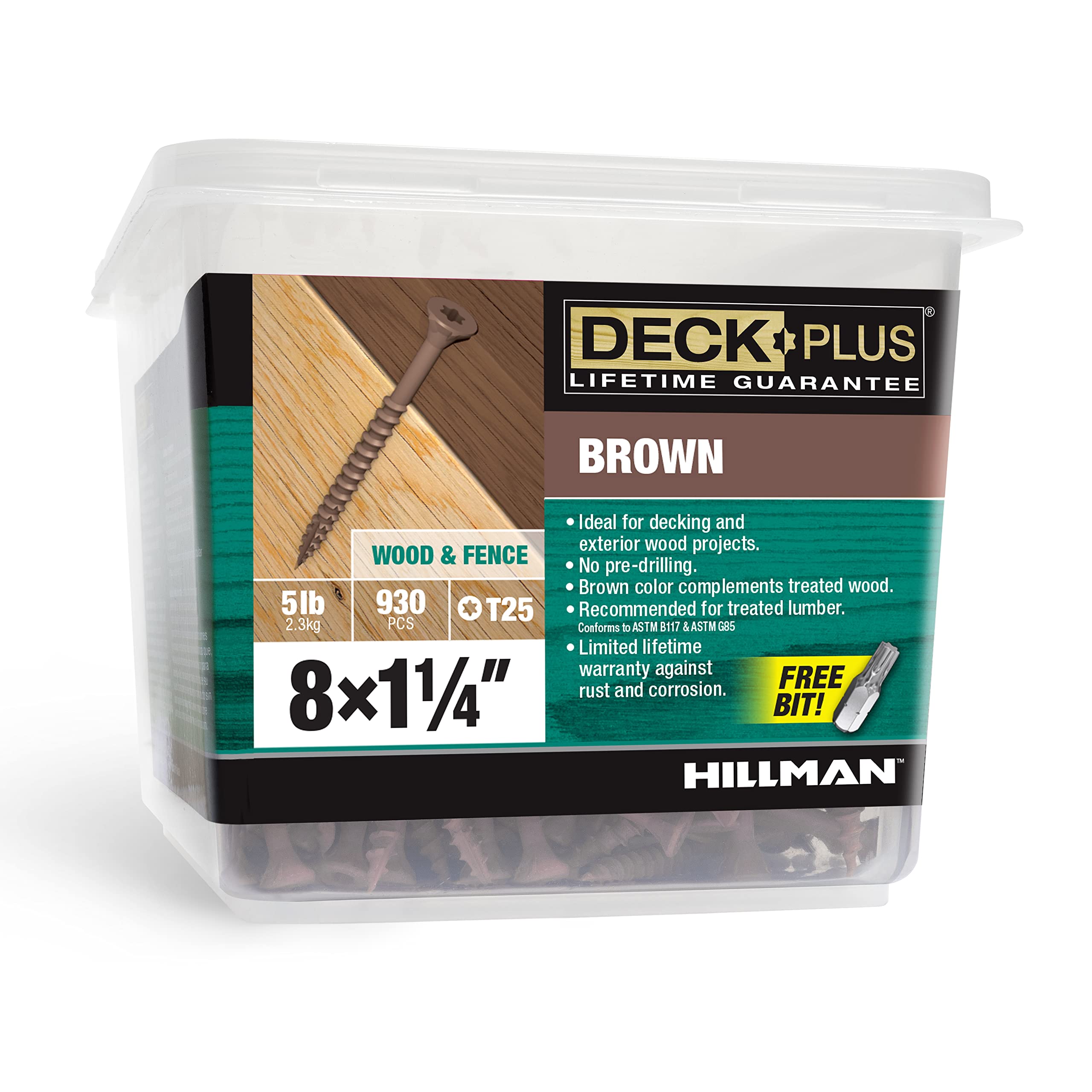 Deck Plus 1-1/4 Inch Epoxy Coated Exterior Wood and Fence Screws #8 x 1-1/4" Torx/Star Drive Included Coarse Thread, Outdoor Rust Resistant Decking Screw, Brown, 5 lb Box, 930 Pieces | 49001