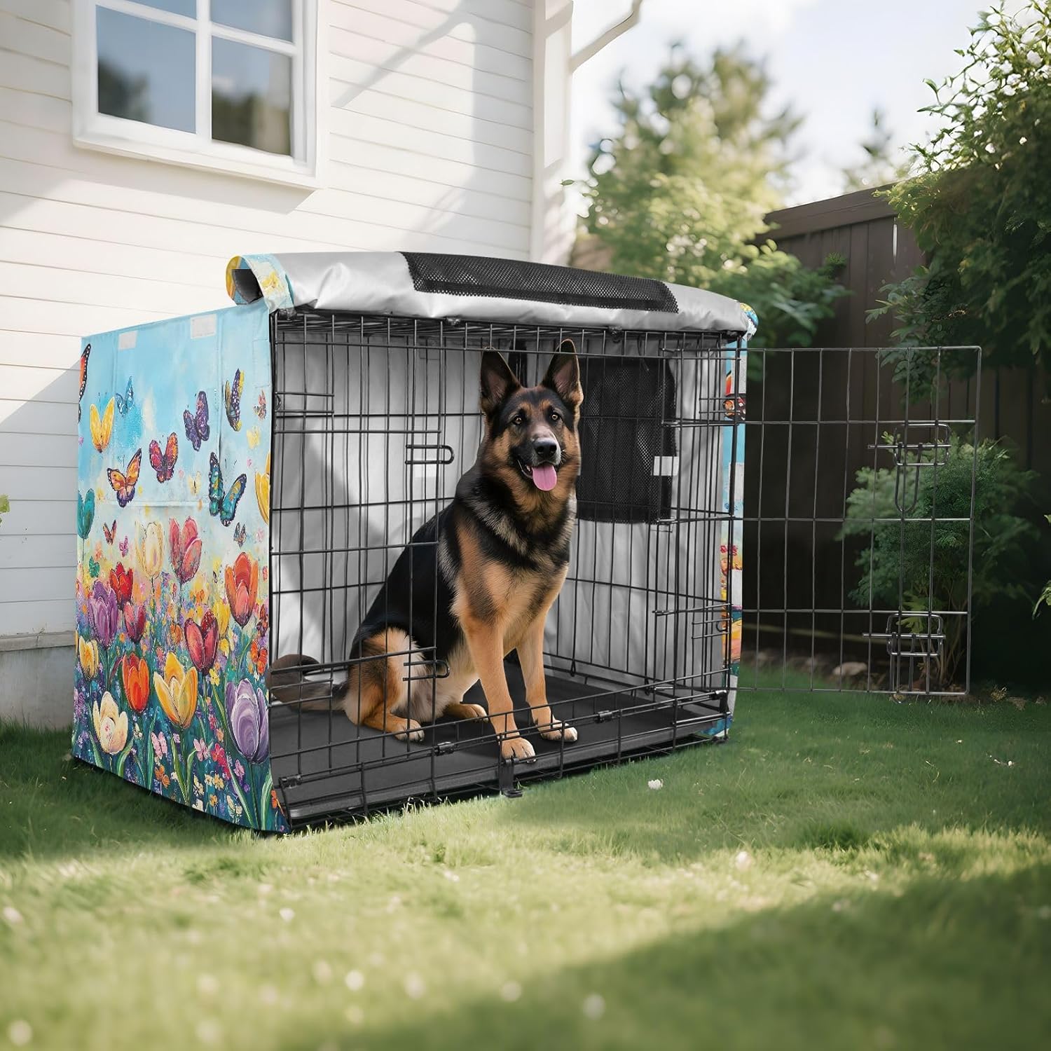 Butterflies Tulips Dog Crate Covers S-XL Windproof Pet Crate Cover with Roll-up Sides, Reduces Barking, Large