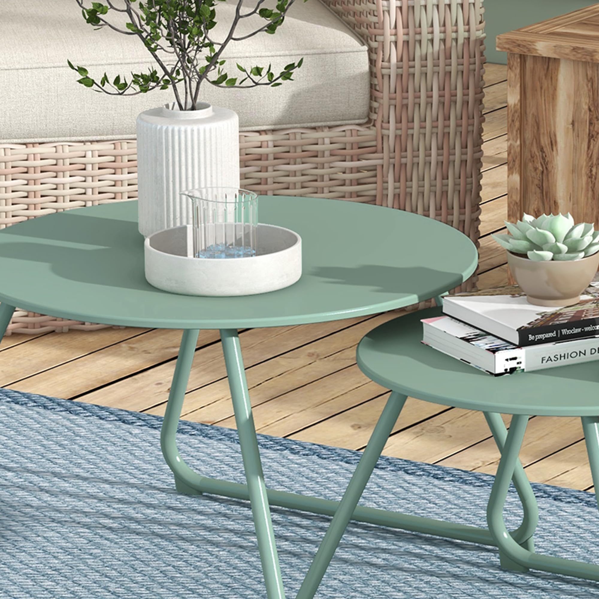 Outsunny Lot de 2 Tables Basses Rondes gigognes empilables de Jardin métal époxy, Table d'Appoint Stable pour extérieur Ø60 et Ø48 cm, Vert