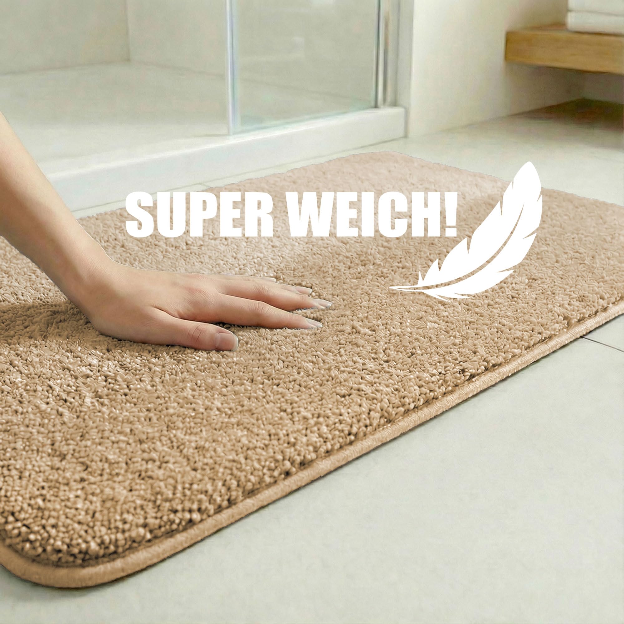 HELLSER Badezimmerteppich MIRA | Badematte rutschfest & Waschbar | Weicher Mikrofaser Badteppich | Saugfähig & Schnelltrocknend | Oeko-TEX Badvorleger für Fußbodenheizung | Beige | 60x120 cm