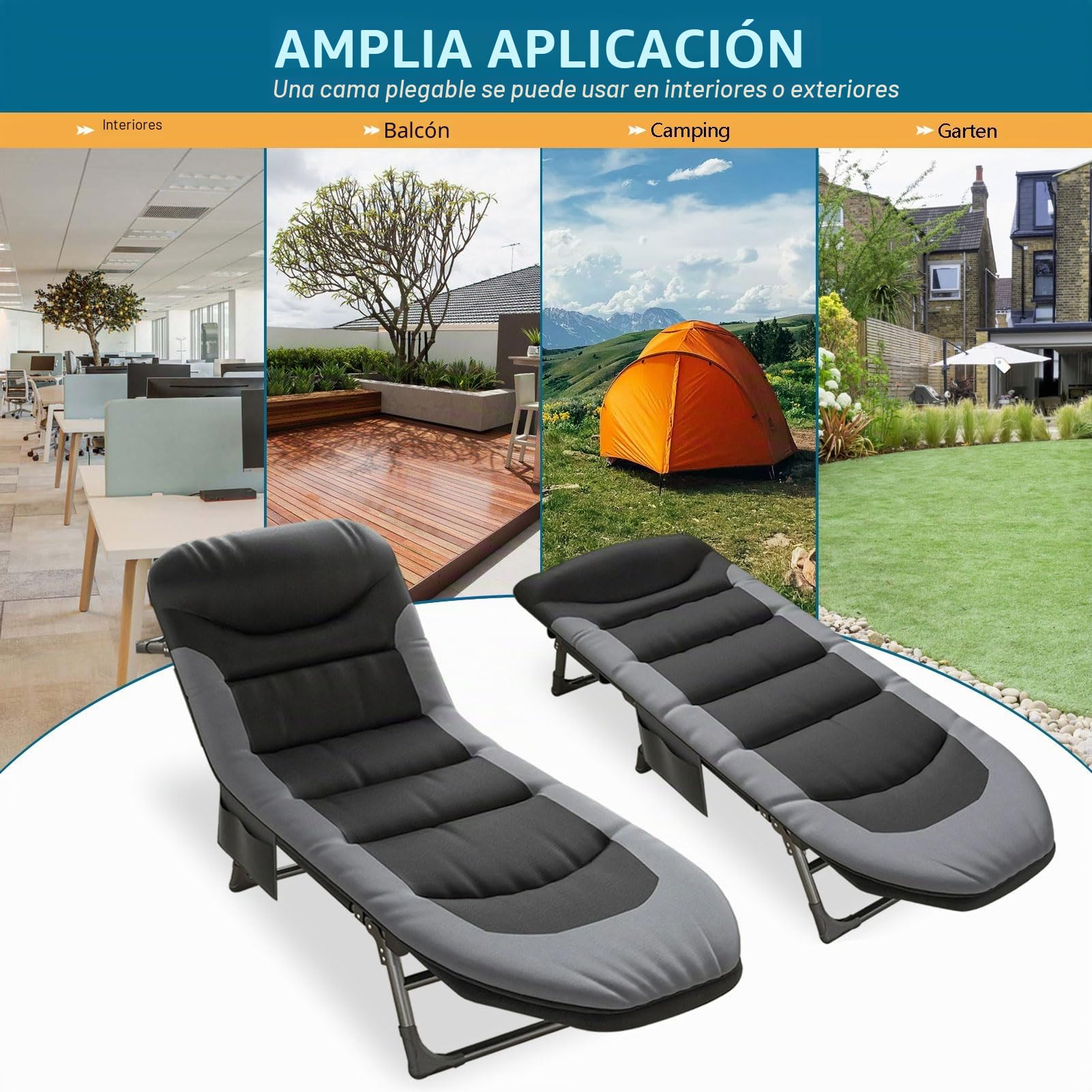 Cama de camping plegable XXL, tumbona de camping, extra ancha, 190 x 65 x 30 cm, cama de camping plegable ligera, tumbona de jardín de 6 posiciones, respaldo ajustable, tumbona para carpas para