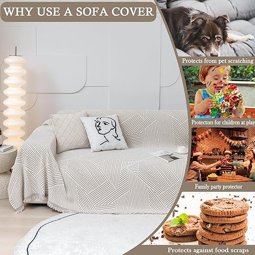 Miniatura 4 de HANDONTIME Funda de sofá reversible color caqui, funda protectora de felpilla con borla, 71 x 134 pulgadas para sofá de 3 plazas, funda protectora