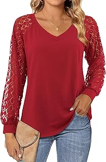 Beluring Womens Lace Long Sleeve Tops Plain V Neck T Shirts Loose Casual Blouse Dressy Tunic Shirt