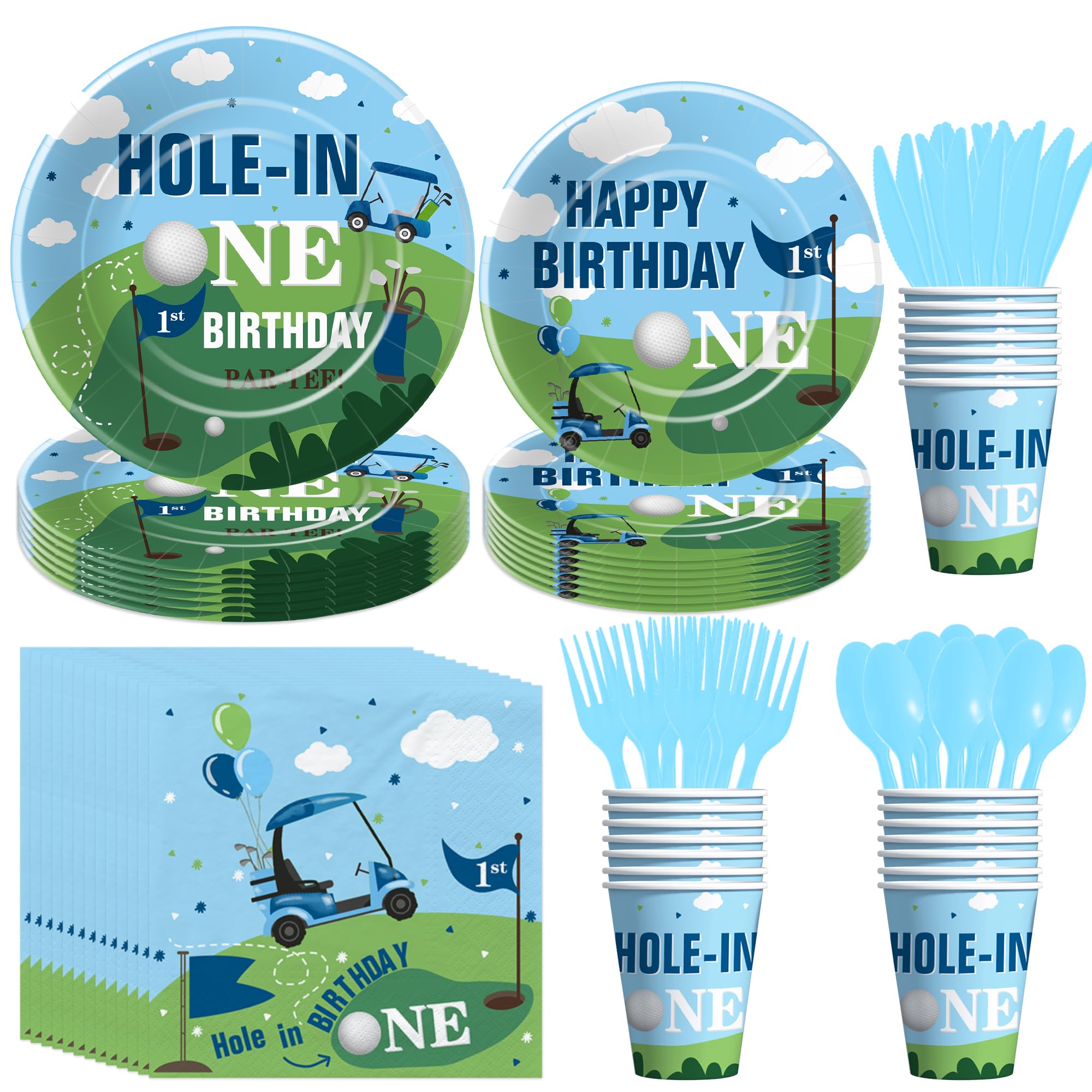 Xigejob Golf First Birthday Plates And Napkins Party Supplies - Golf Hole In One Birthday Decorations Tableware, Paper Plate, Cup, Napkin, Cutlery,
