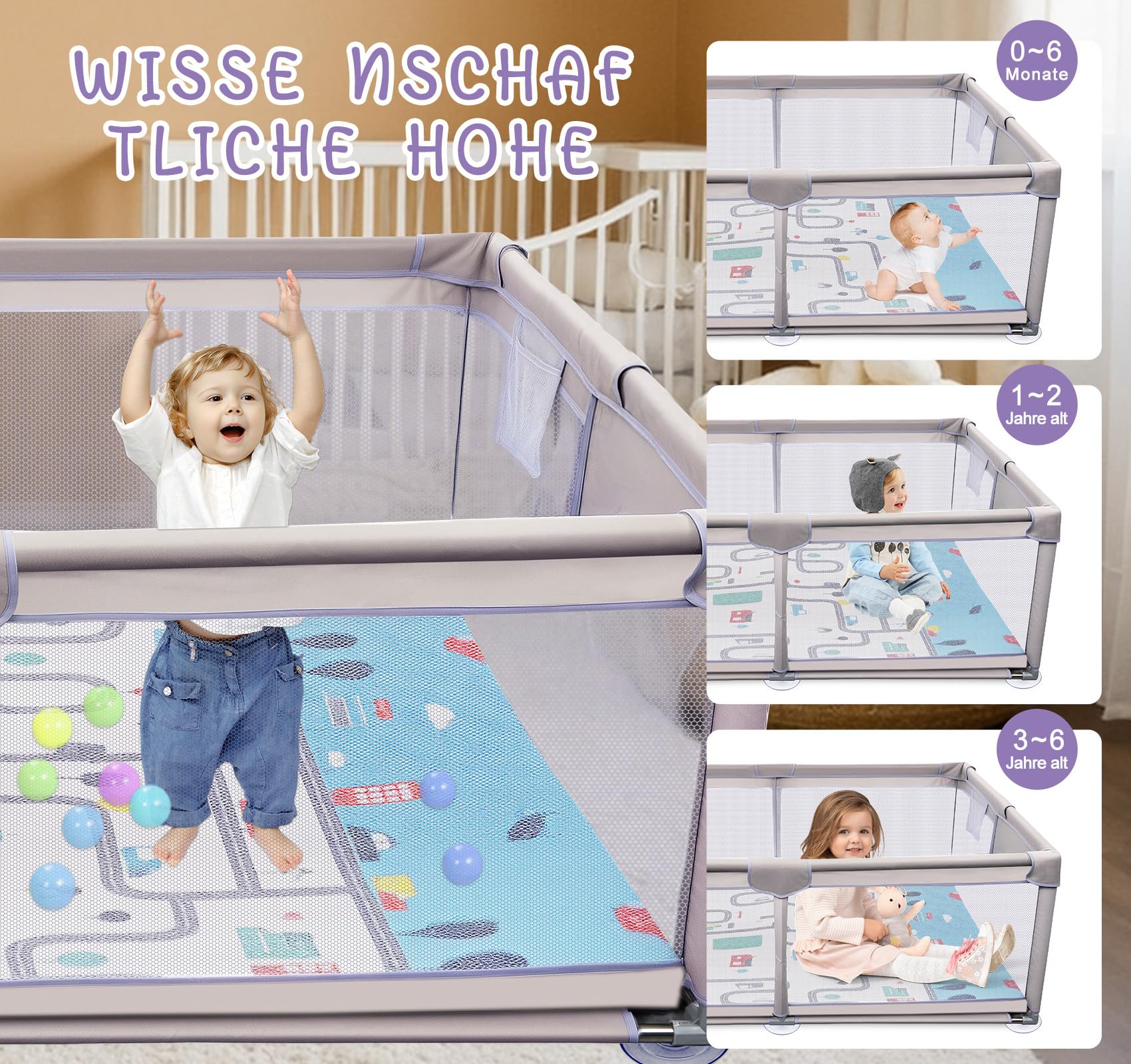 Laufstall Baby mit Matratze 120x180cm, Großes Laufgitter für 2-3 Kinder, Playpen Atmungsaktiver 600D Oxford-Stoff mit Rutschfesten Saugnapf-Füßen, für Einfamilienhaus Große Familienwohnung