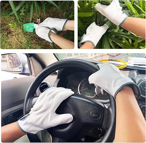 Miniatura 10 de KetterlePPE 2 pares de guantes de trabajo de cuero de vaca para hombres, guantes a prueba de espinas para jardinería, corte de madera, guantes de