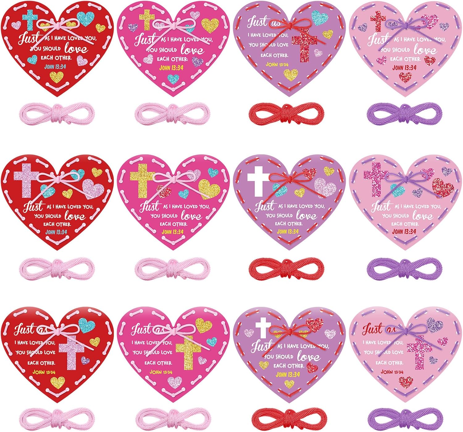 Skyygemm 36 Pcs Valentine‘s Day Lacing Cards Religious Heart Valentine Sewing Cards Kits with 3 Colorful Laces for Sunday School Favors Activity,12 Styles(Valentine Style)