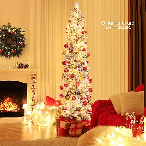 Miniatura 2 de HOMGX - Árbol de Navidad delgado de 6 pies, árbol de Navidad de nieve flocada con 373 puntas de rama, agujas de pino y 150 luces incandescentes,