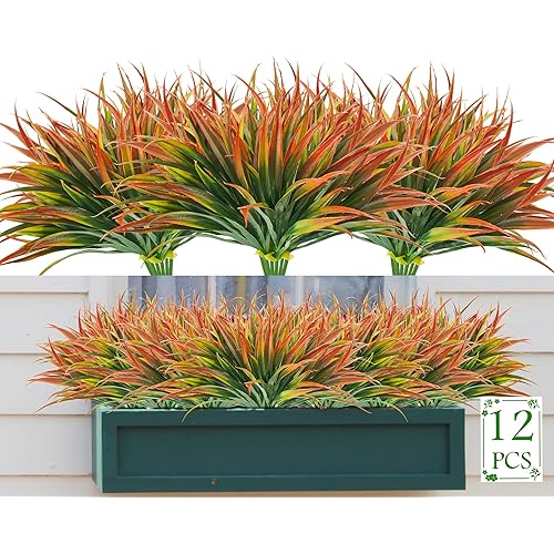 Artificial Fake Grass,12PCS Outdoor Faux Grasses Plastic Plants Greenery UV Resistant for Outside Home Windowbox Garden Office Patio Hanging Planter Front Porch Fall Décor (Red)