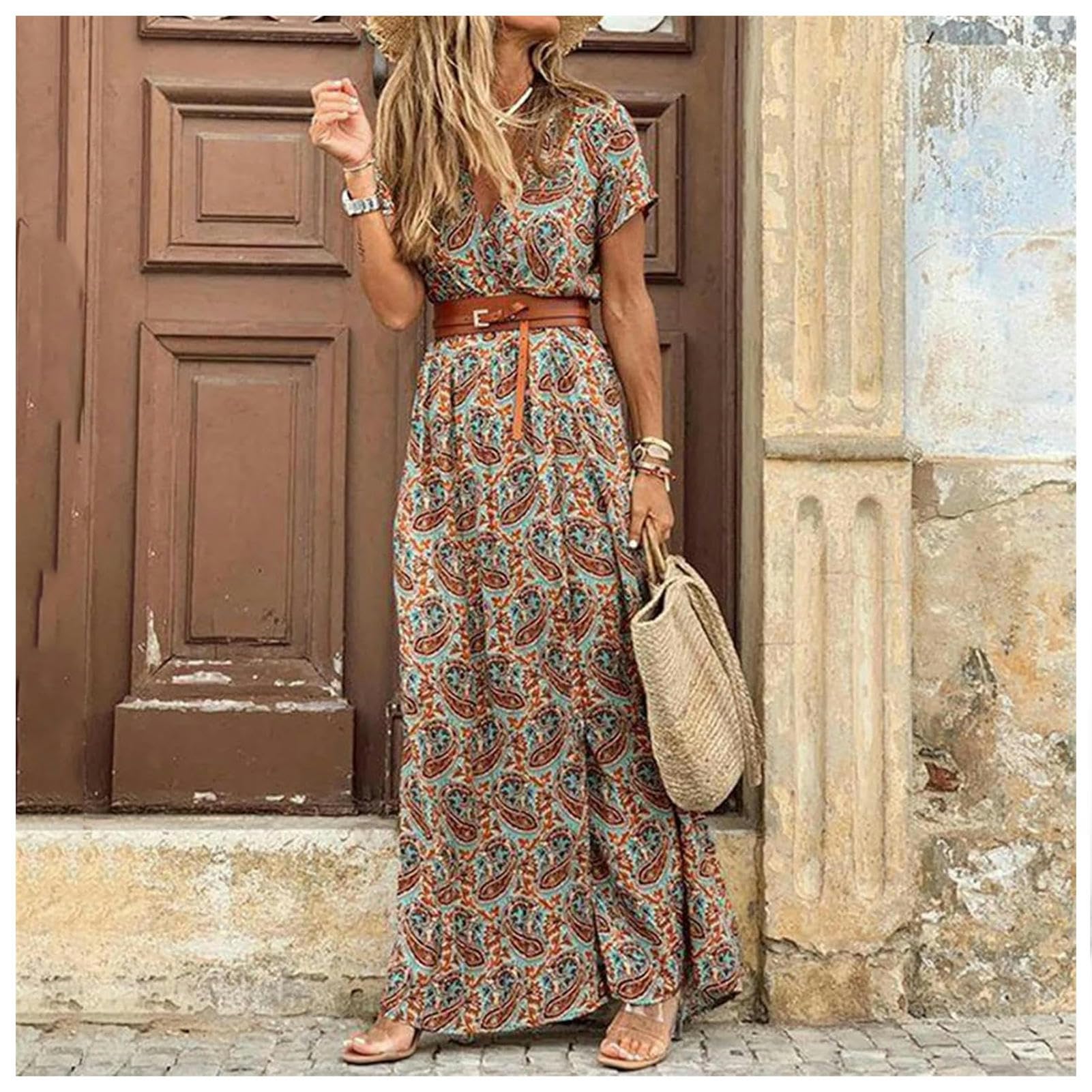 Gonna Lunga Abito Lungo per Donne Summer Beach Abiti Bohémien, Abiti da Veste Casual con Gonna Floreale-Khaki-m