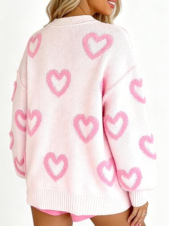 KMBANGI Women Heart Print Sweater Romantic Oversized Knitted Shirt Valentine Love Cute Graphic Long Sleeve Pullover Top